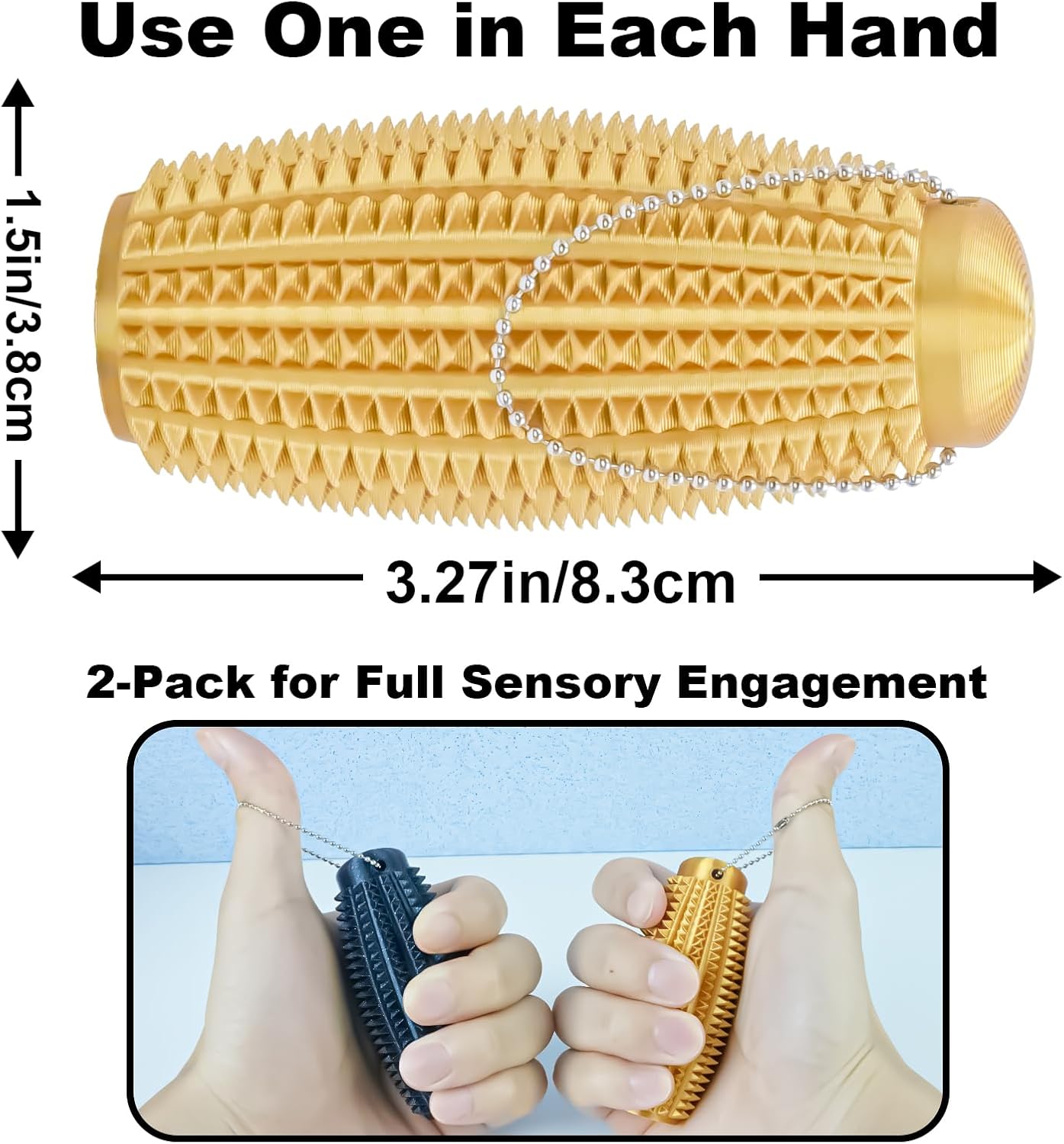 2 Pack Pain Stim Fidget Roller for Adults and Teens Spiky Sensory Hand Toy for Stress and Anxiety Relief, 3D Printed Discreet Keychain Fidget for Focus and Tactile Engagement(Gold+Gold)