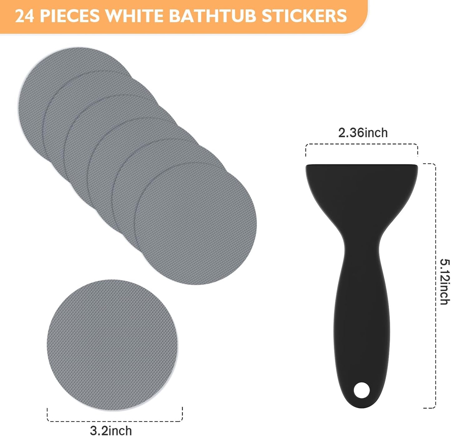 Non Slip Bathtub Stickers, 24 PCS Shower Stickers for Safety Bathroom Tubs, Bathtub Non Slip Stickers and Adhesive Decals Scraper for Bath Tub, Shower Floor, Stairs, Ladders(Round Shape, Grey)
