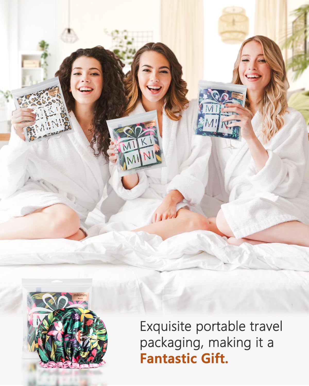 mikimini Shower Cap for Women and Grils,Pack of 2,Rainforest Bath Shower Caps with Pink Lace,Reusable Waterproof Shower Hat for Girls (Medium,Floral)