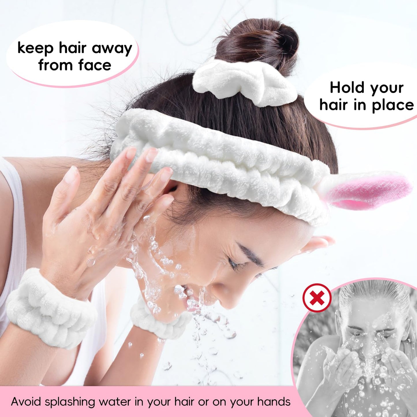 Face Wash Headband, Skincare Wrist Bands For Washing Face Set Spa Hair Bands come with a Hair Scrunchie, Cute White Rabbit Ears Elastic Headband, For Face Washing Makeup Skincare (White)