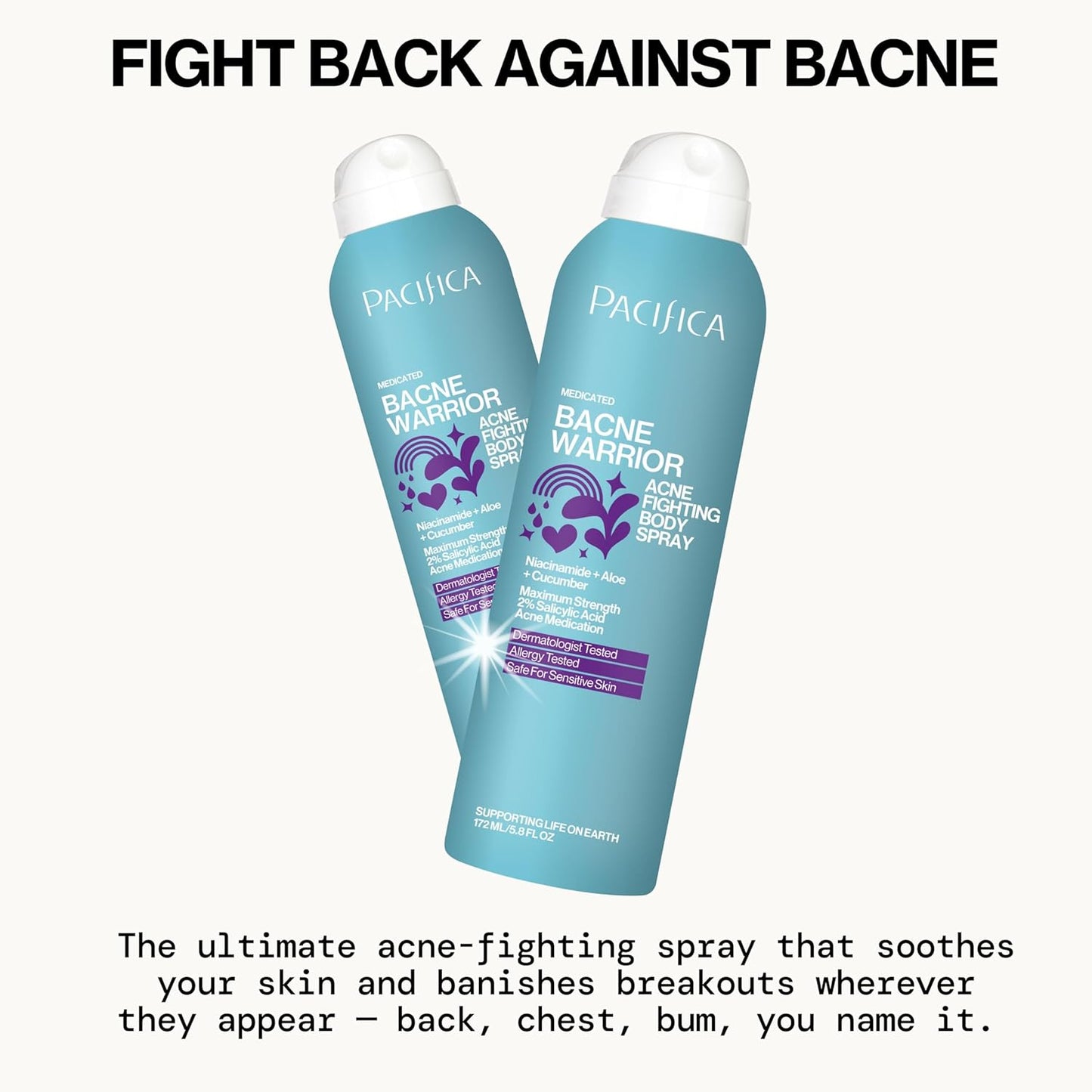 Pacifica Bacne Warrior - Bacne Salicylic Acid Spray, Back Acne Treatment Spray with 2% Salicylic Acid, Niacinamide, and Aloe, Body Acne Warrior for Body, Chest, and Back, Dermatologist Tested- 6 Fl Oz