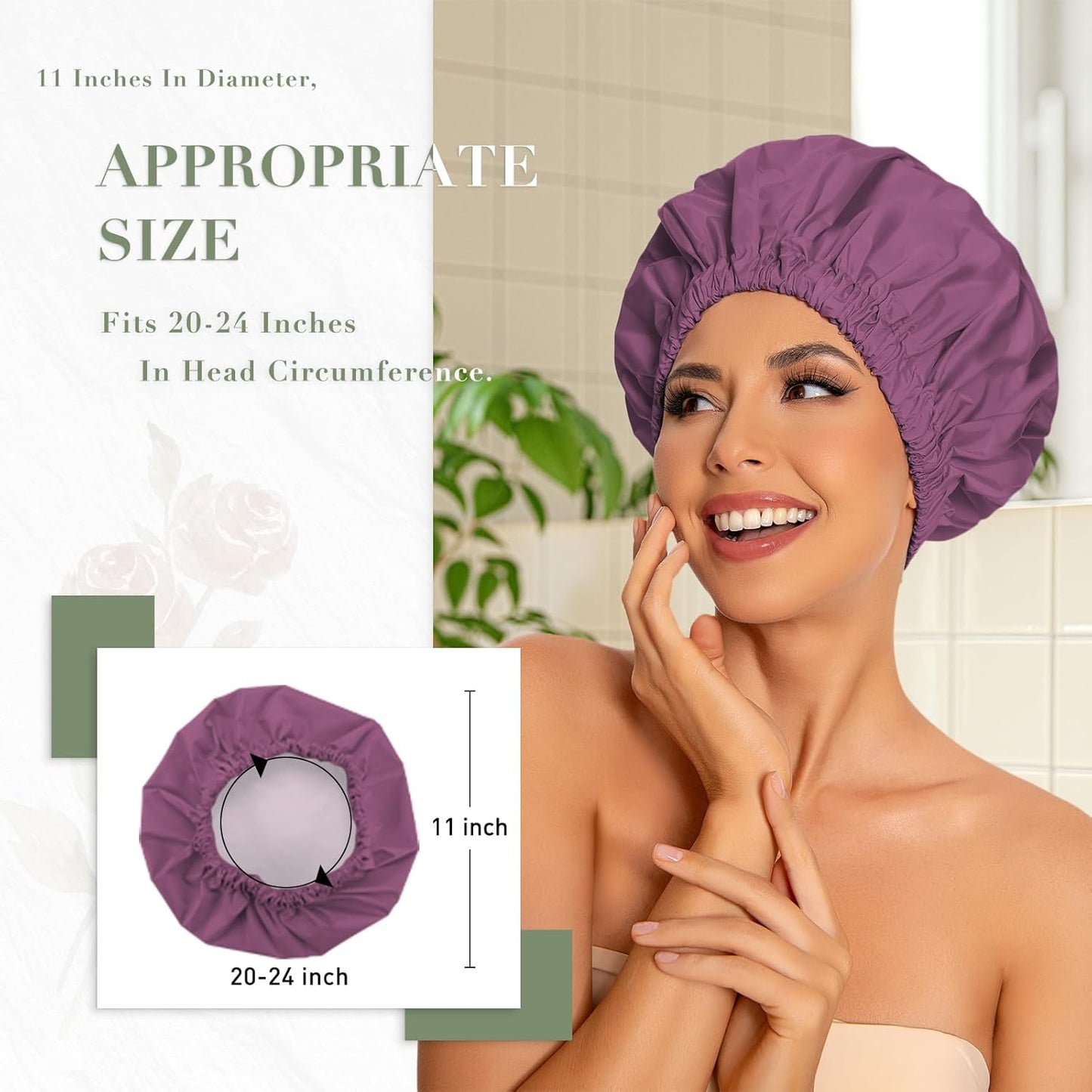 Reusable Shower Cap for Women, Large Waterproof Shower Essentials Bonnet Washable Elastic Band Bath Hair Wrap Hat for Long Hair, Braids(Leather Purple)