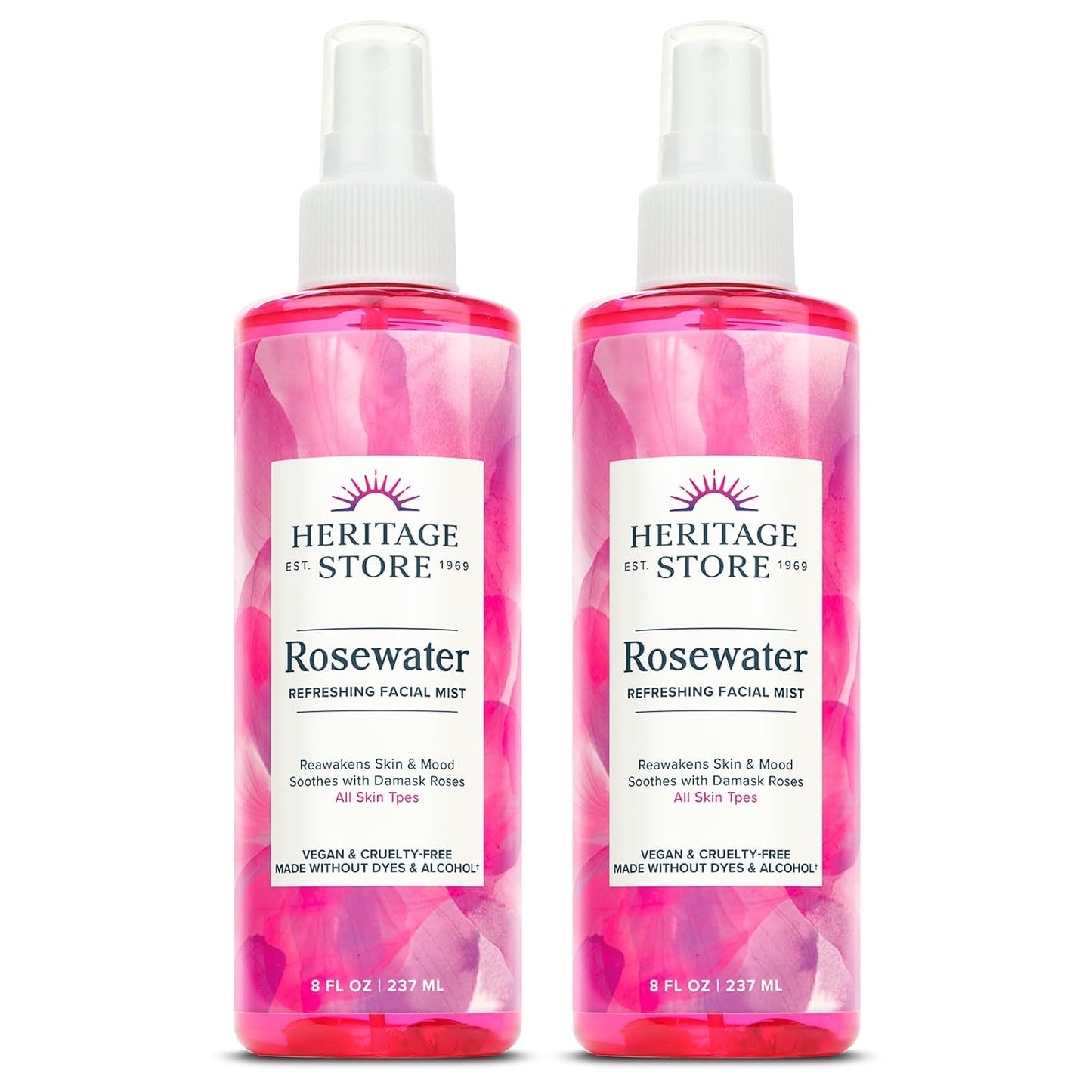HERITAGE STORE Rosewater 2-Pack - Refreshing Face Mist w/Damask Rose, All Skin Types - Hydrating Rose Water Spray for Glowing Skin, No Dyes or Alcohol, Hypoallergenic, Vegan, 60-Day Guarantee, 8oz ea