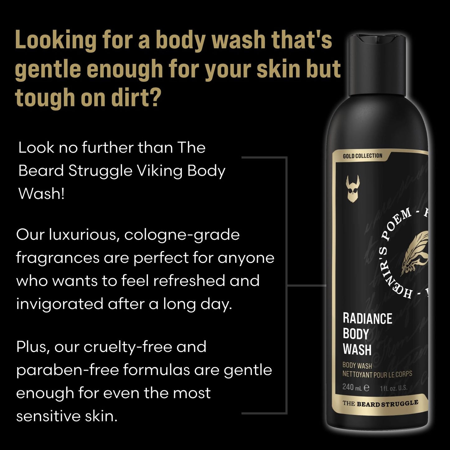 The Beard Struggle Men's Body Wash Valhalla's Gates - Gold Collection - Skin Cleaning Agent - Natural Body Wash - Shower Gel Liquid Soap - 240 mL / 8 US. fl. oz.