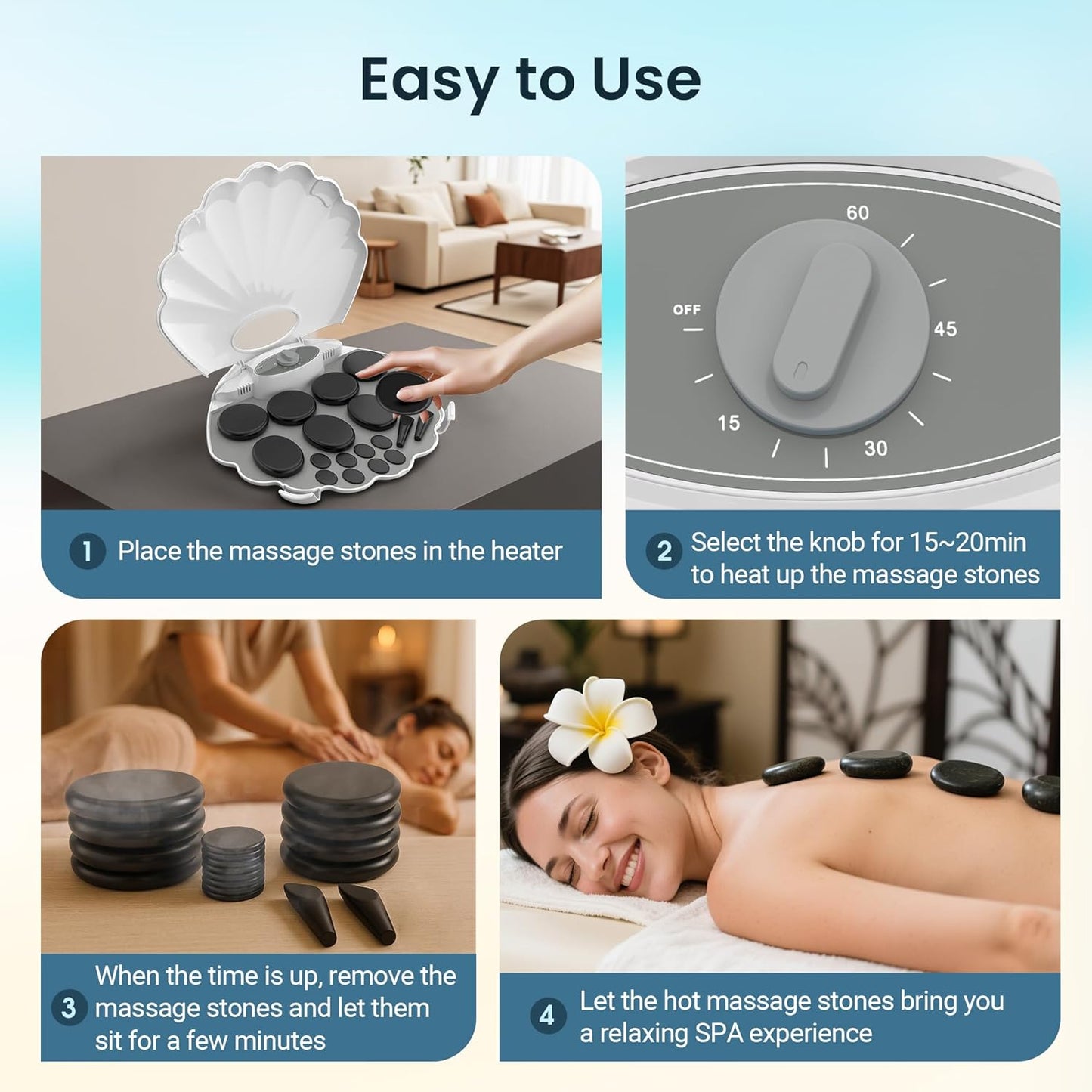 Shell Hot Stones Massage Set, 18-Piece Basalt Hot Stones with Heater Kit, Featuring an Elegant Seashell Design for Spa Use. Perfect for Relaxation, Healing, and Pain Relief. （White）