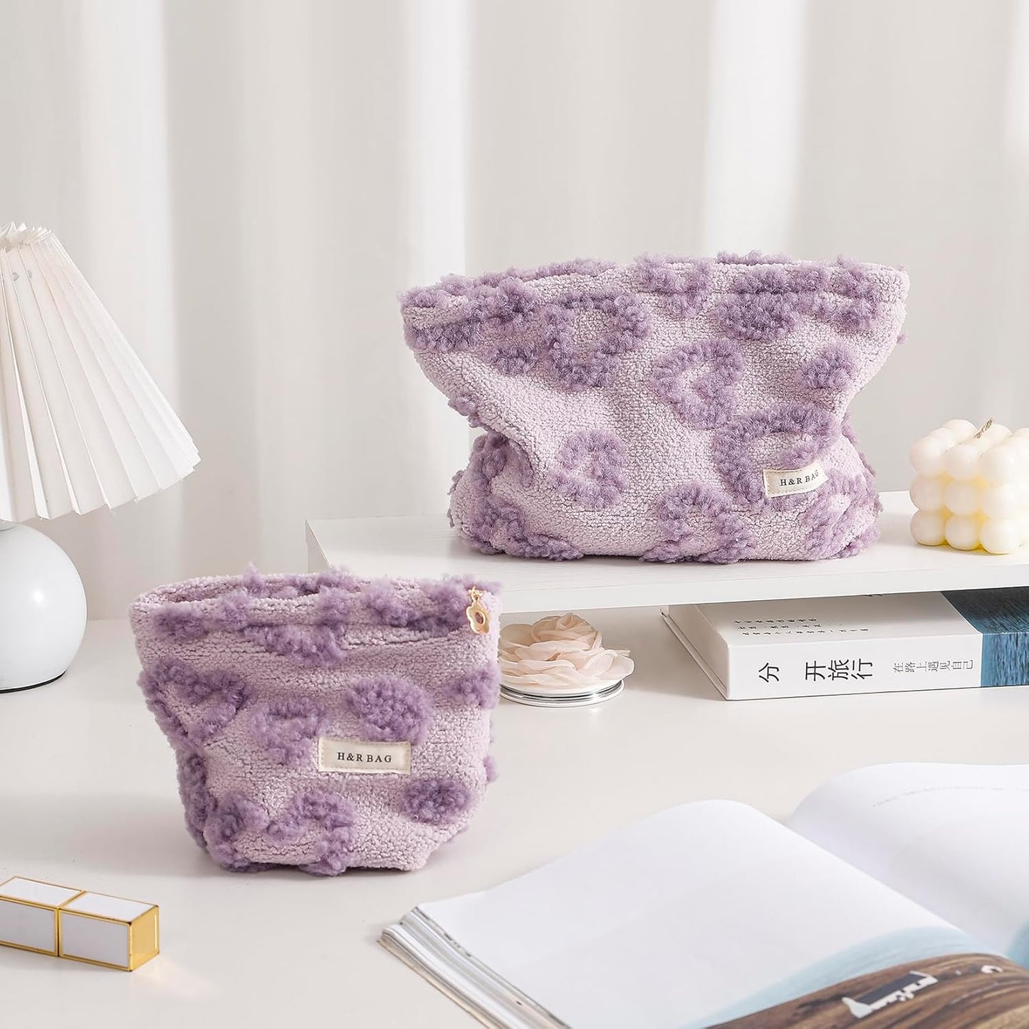 2 Pcs Makeup Bags, Large Cosmetic Bag Travel Toiletry Bag Organizer for Women, Plush Makeup Bag Small Cosmetic Pouch Purse with Zipper Gifts for Girls Teen