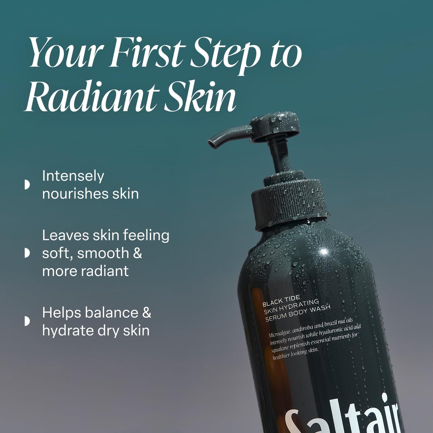 Saltair Body Wash, Black Tide 2-Pack. Moisturizing Body Cleanser with Monoi Oil and Cupuacu Butter. Luxury Shower Gel for Women and Men. Vegan, Cruelty-Free, Paraben-Free. 2x 17oz Pump Bottles