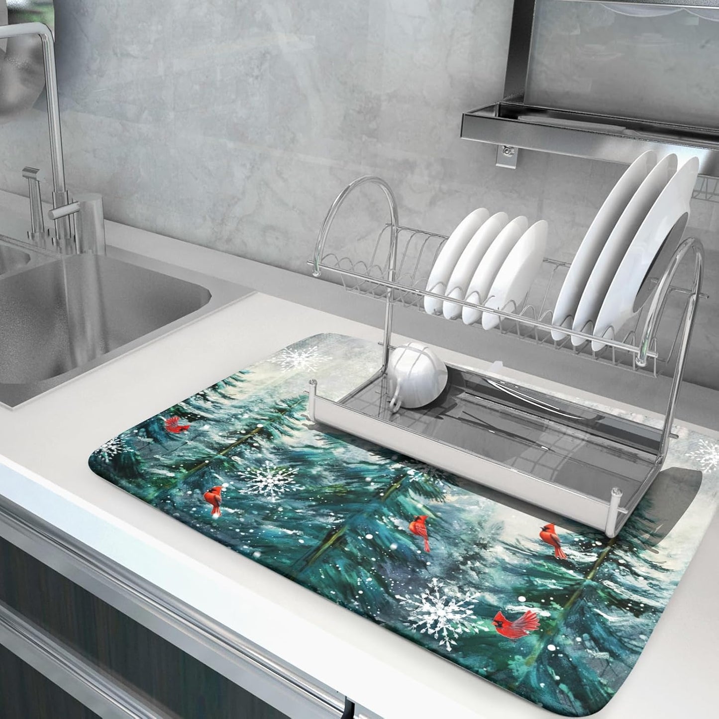 Pine Tree Dish Drying Mat for Kitchen Countertop Red Bird Dishes Mats Winter Decorative Absorbent Reversible Drainer Rack Pad 18x24 Inch