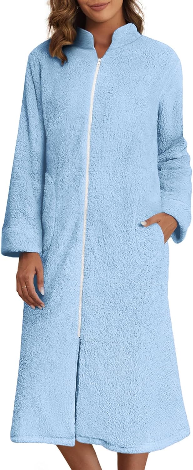 Ekouaer Women's Zip Up Robe Fleece Bathrobe Long Zipper Lounger Warm Housecoat Long Sleeve Nightgown with Pockets S-XXL