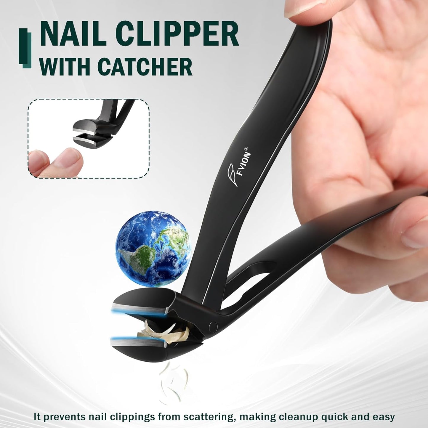 FVION 1Pcs Angled Head Nail Clippers for Seniors, Ergonomic Toenail Clipper for Thick Nails Trimming, Stainless Steel Nail Cutter Trimmer with Catcher for Men and Women (Black)