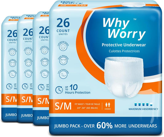 WhyWorry Incontinence Underwear for Women and Men, Disposable Adult Pull Ups with Overnight Absorbency, Leakproof, Unisex, Small/Medium, 104 Count (4 Packs of 26)