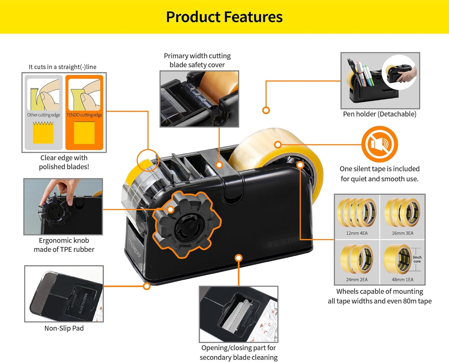 [TENDO°] Multi-Section Tape Dispenser ZO-508: Innovative Cutter for Custom Tape Width (Black)