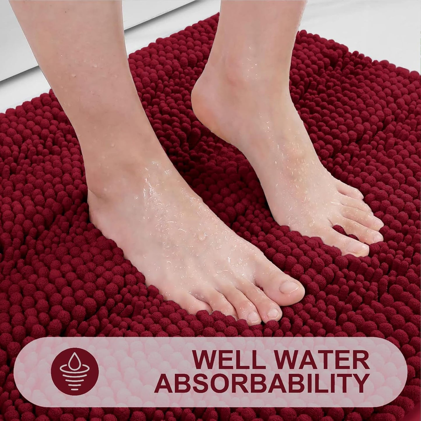 Grandaily Chenille Striped Bathroom Rugs 30x20, Extra Thick and Absorbent Bath Mats, Non-Slip Soft Plush Shaggy Shower Carpet, Machine Wash Dry, Bath Rug for Bathroom, (Medium, Red)