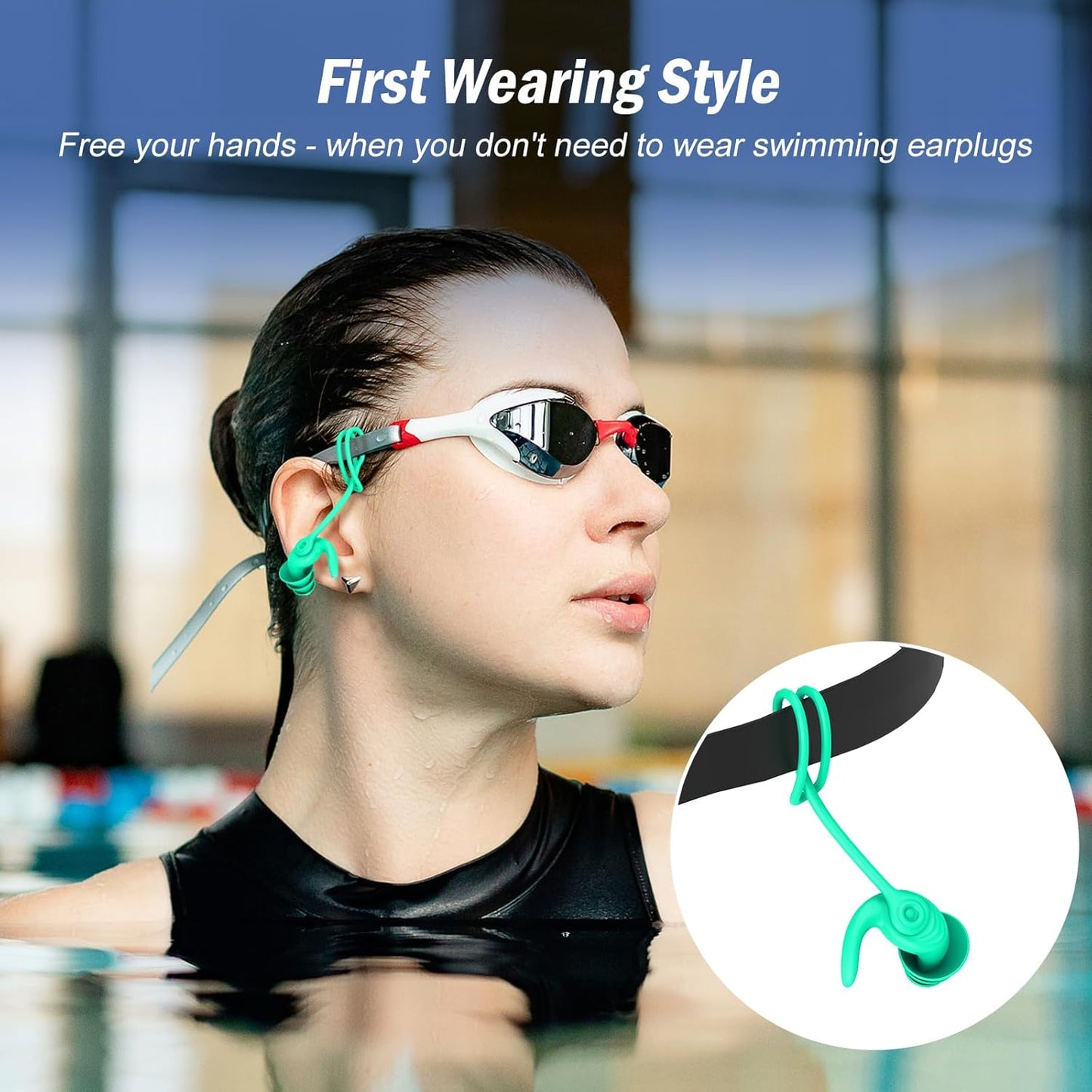 Swimming Ear Plugs for Adults, 4 Pairs Waterproof Reusable Silicone Swim Earplugs with Removable Cord, Perfect for Swimming, Showering, Surfing and Other Water Sports - Two Wearing Styles