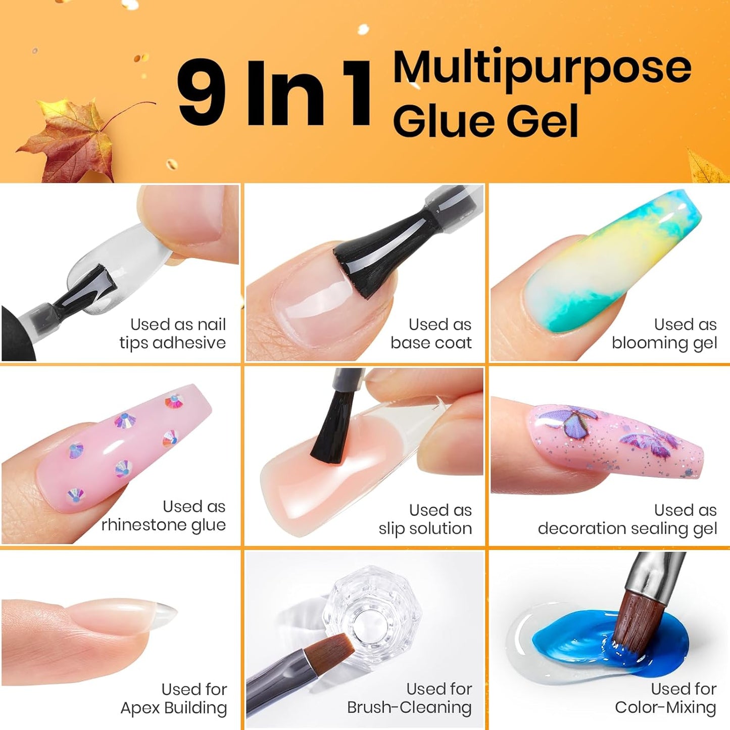 Beetles Top Coat Base Gel & Nail Glue Set-3Pcs No Wipe Top Coat Gel Nail Polish & Base Coat with 9 In 1 Nail Glue Shine Effect Long Lasting Soak Off Uv Light Lamp Diy Fall Nail Gifts for Women & Girls