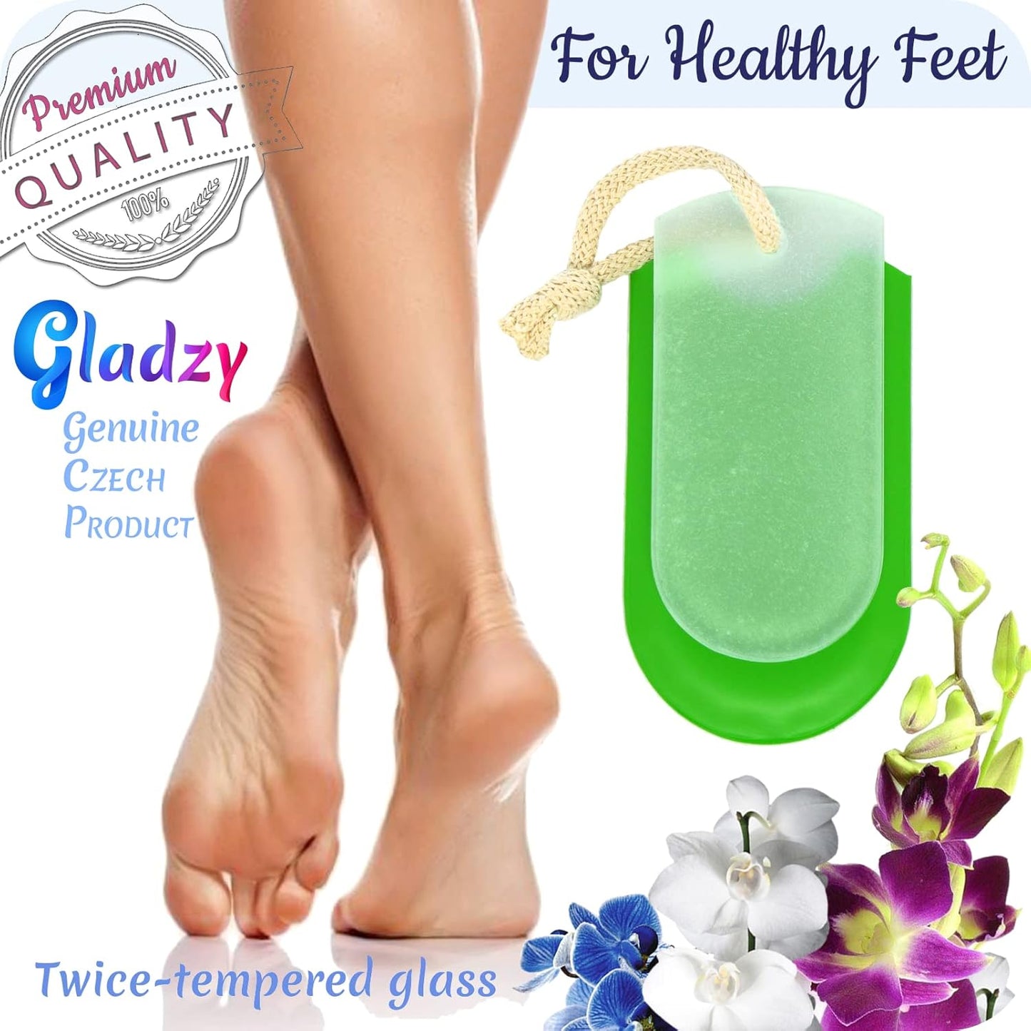 GLADZY Czech Glass Foot File Callus Remover – Double Sided Etched, Different Grit Coarse & Fine Surfaces for Hard Skin & Cracked Heels, Professional Pedicure Tool, Washable Reusable, Made in EU