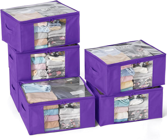 Clothes Storage Bags, Foldable Thick Fabric Blanket Storage Bags, Large Clear Window & Carry Handles, Great for Clothes, Blankets, Closets, Pillows, Toys (Purple, 6PACK)