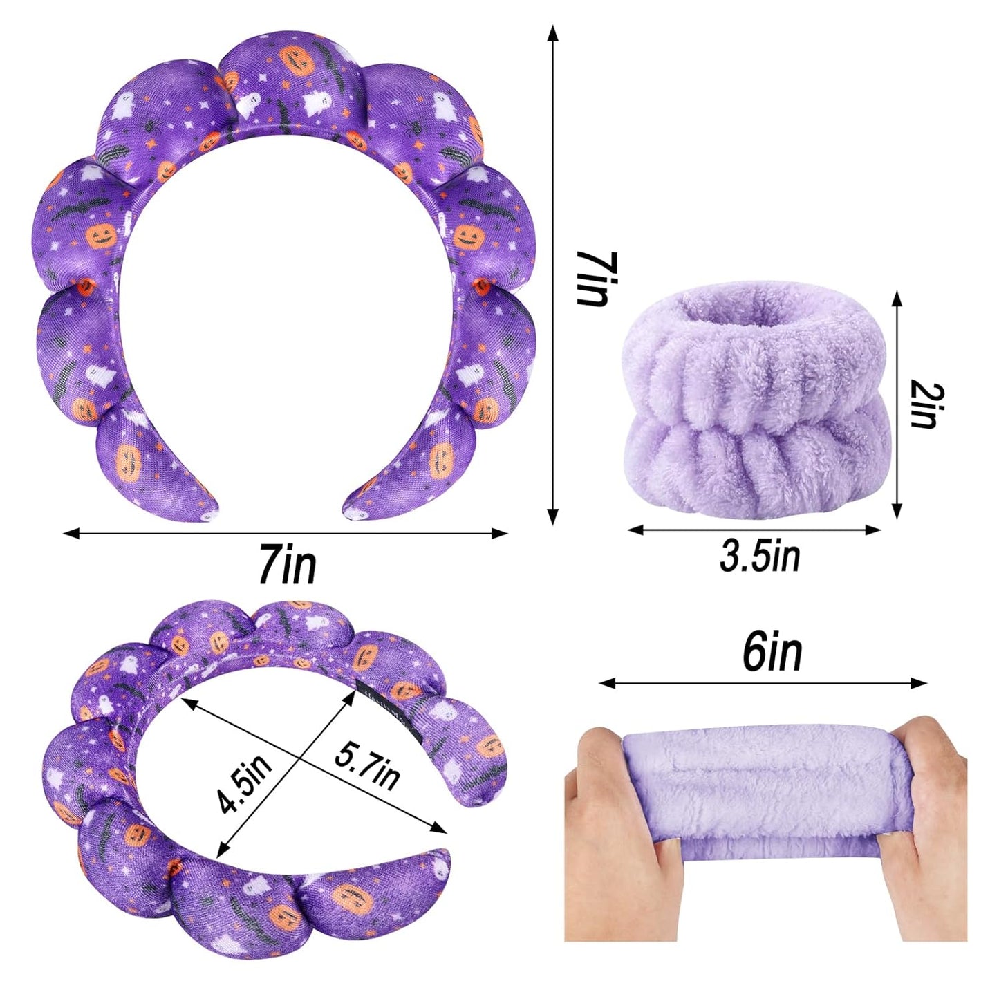 Zkptops Spa Headband for Washing Face Wristband Set Sponge Makeup Skincare Velvet Fabric Bubble Get Ready Hairband Puffy Headwear Non Slip Thick Thin Hair Accessory Gift for Women Girls(Halloween)
