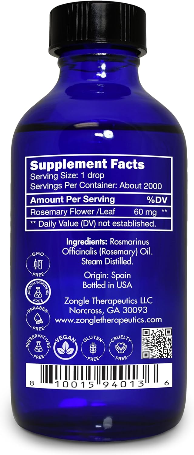 Rosemary Oil, Food Grade, for Hair, Growth – 100% Pure, Edible, Rosemary Essential Oil, by Zongle Therapeutics, 4 OZ
