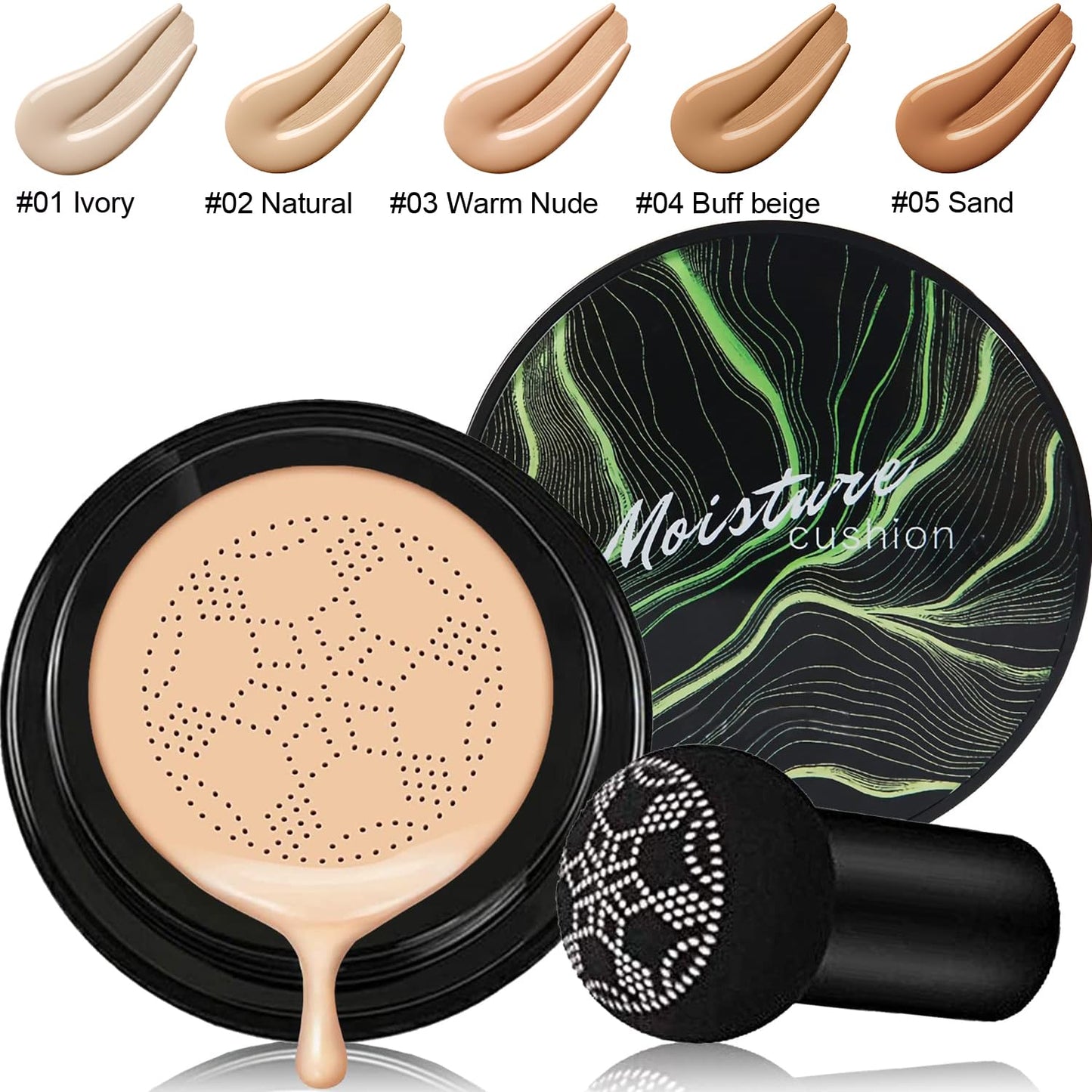 Mushroom Head Air Cushion CC Cream Nature Foundation, Moisturizing BB Cream, Long Lasting Matte Concealer, Bright Makeup Base with Mushroom Makeup Sponge (#05 Sand)