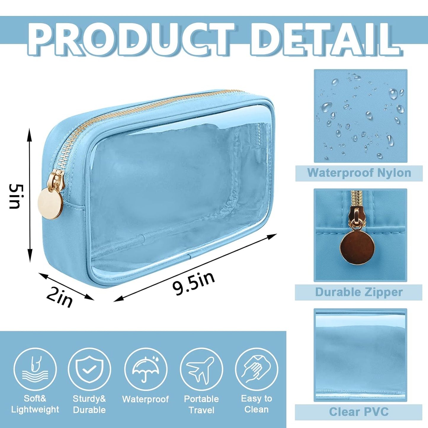 Clear Small Makeup Bag with Zipper, Nylon&PVC Cosmetic Travel Bag Preppy TSA Approved Toiletry Bag for Women Girls, Transparent Waterproof Makeup Pouches Cute Travel Bag for Purse(Small-Blue)