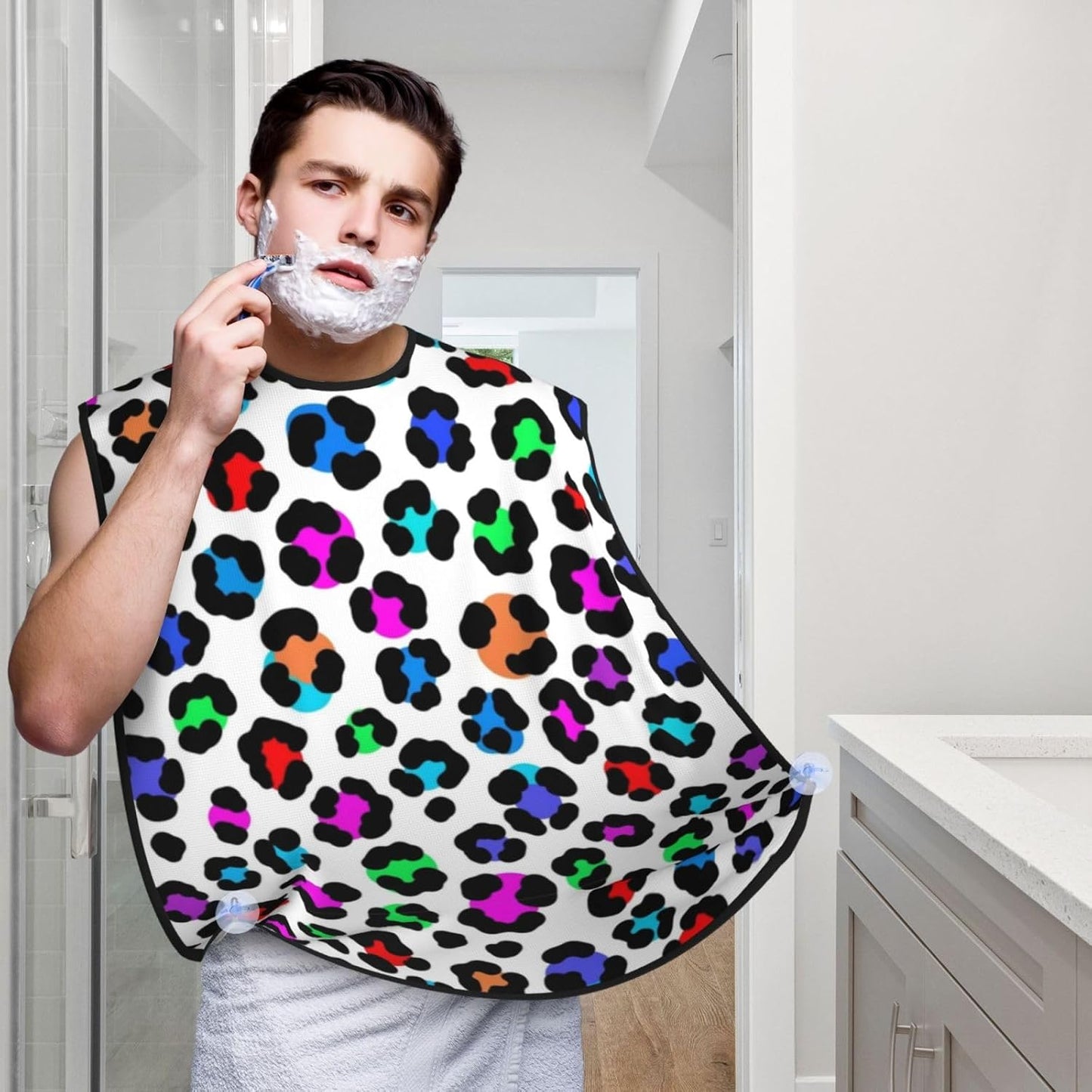 Beard Hair Catcher for Men, Waterproof Shaving Bib Apron Non-Stick, Trimming Tool for Dad Husband, Wild Animal Colorful Cheetah Leopard Shave Bib