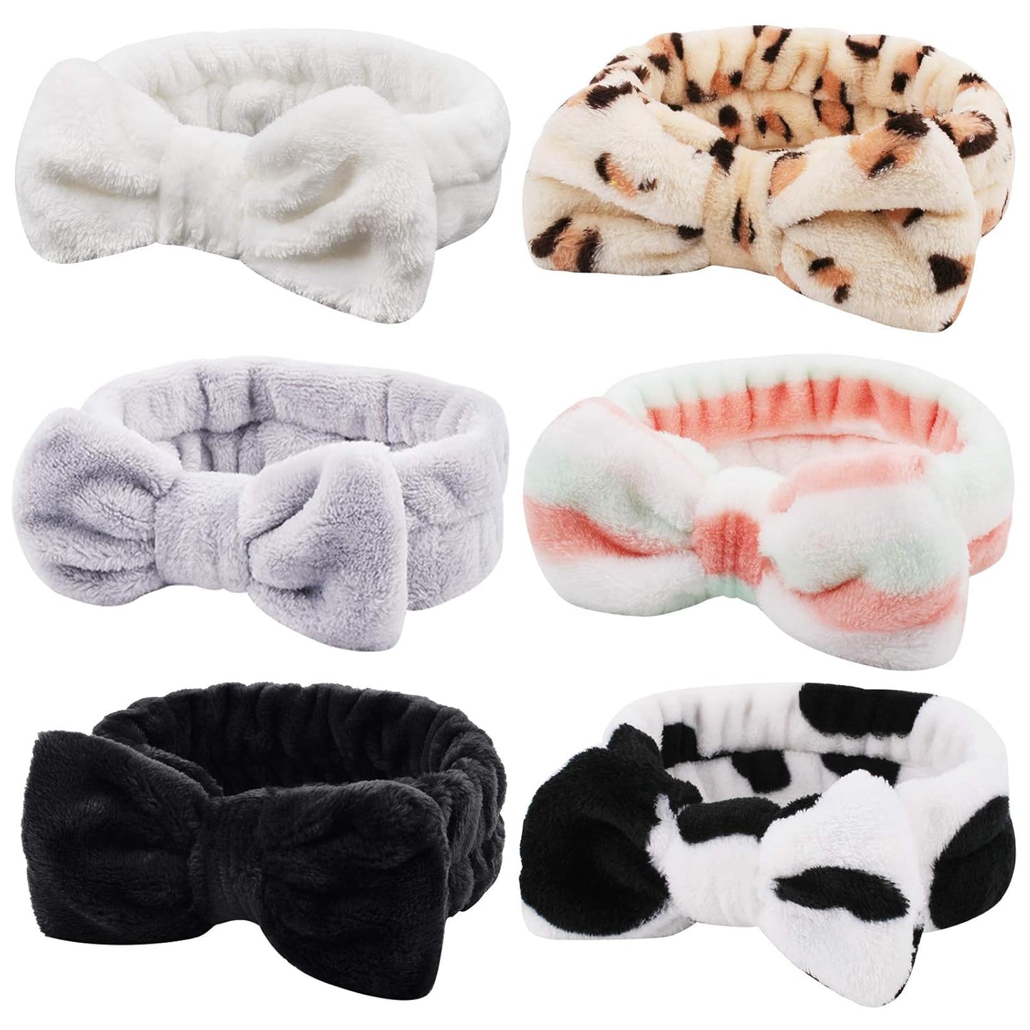 Casoty 6 Pcs Skincare Headband Bow Hair Band Spa Headband for Women Soft Coral Fleece Headbands for Washing Face Terry Cloth Head Band Makeup Head Band Face Wash Headbands