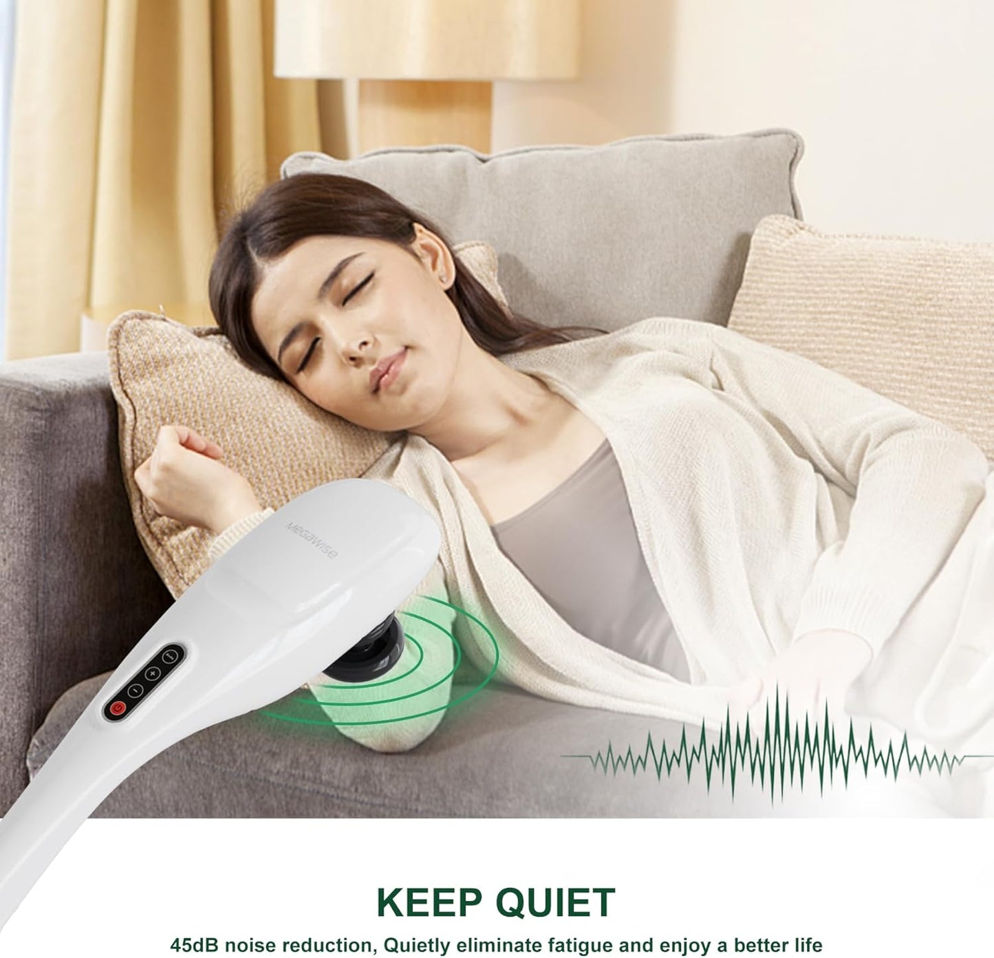 MEGAWISE Cordless Handheld Back Massager w/Rechargeable 3200mAh Battery, 5 Speed and 5 +2 Massage Nodes with Hard, Medium and 2 Soft Silicone Nodes; Massage While Moving Around (Pearl White)