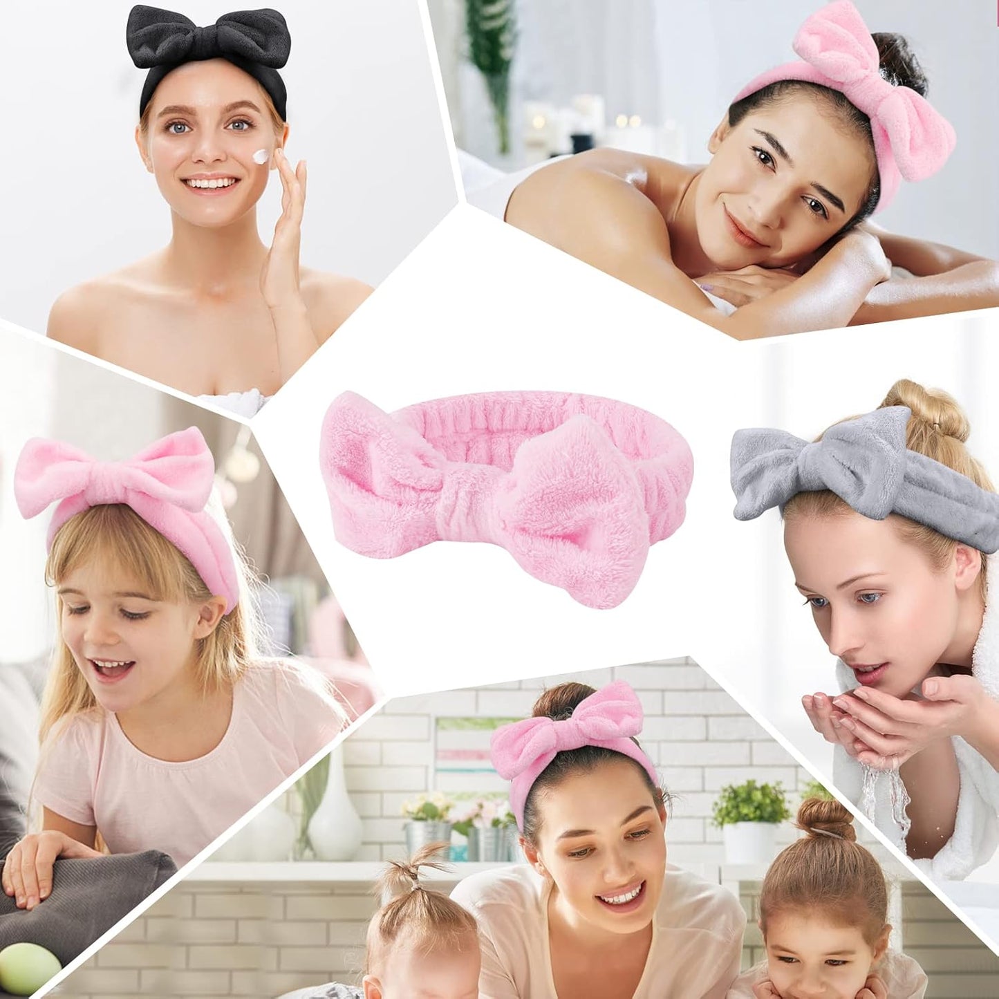 6 Pcs Fluffy Spa Headbands with Bow Style, Soft Coral Fleece for Face Washing, Makeup, Shower, and Yoga