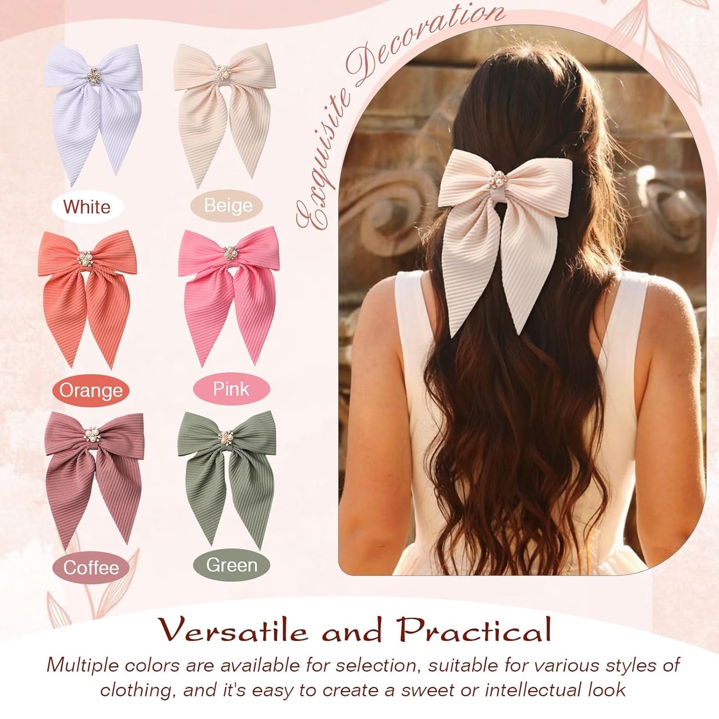 6PCS Hair Bow for Women, Pearl Bow Hair Clips for Girls, Cute Silky Satin Hair Bow Clips, Pink Bow Clip Long Tail, Bows Accessories for Gift