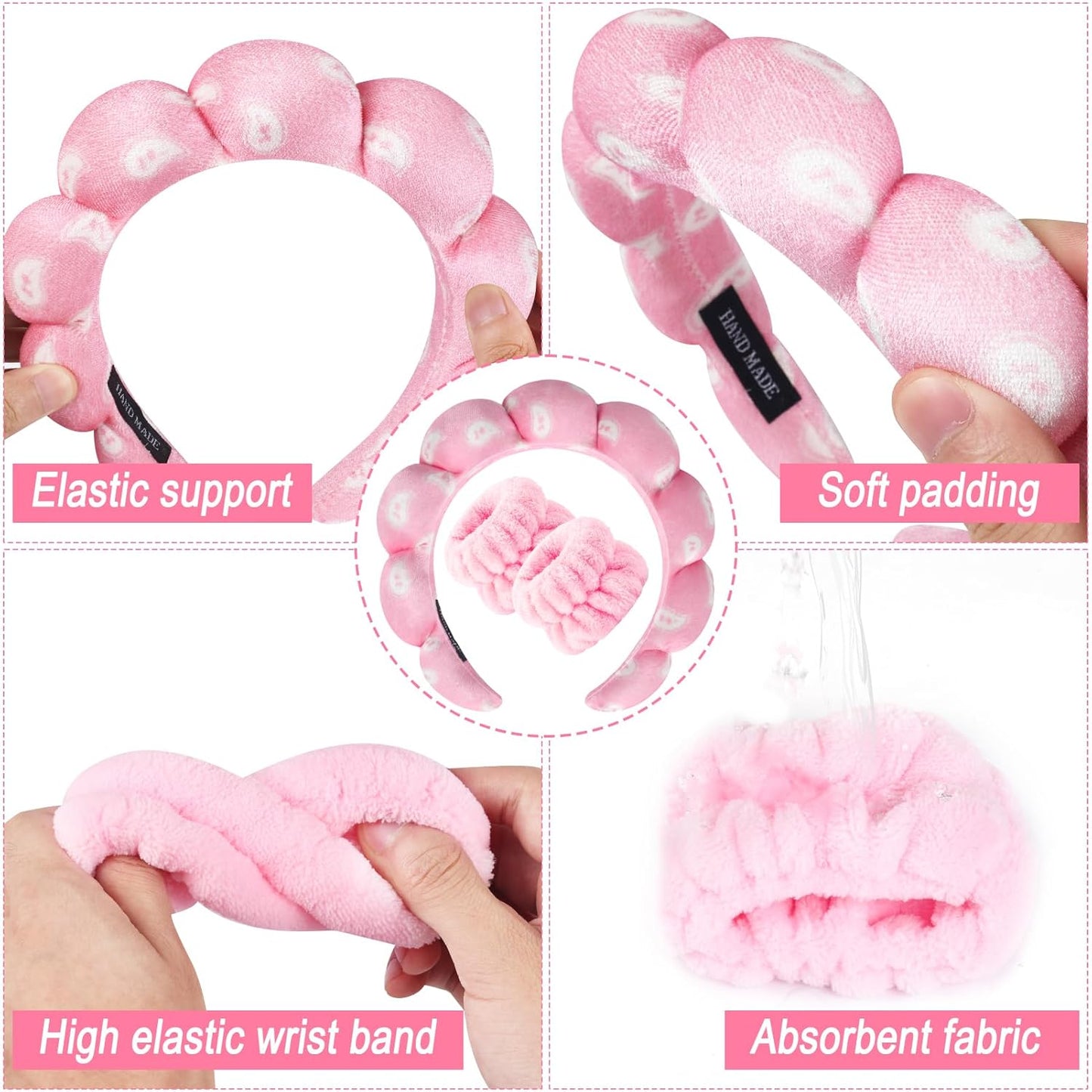 Zkptops Spa Headband for Washing Face Wristband Set Sponge Makeup Skincare Velvet Fabric Bubble Soft Get Ready Hairbands for Women Puffy Headwear Non Slip Thick Thin Hair Accessory (Pink Nuts)