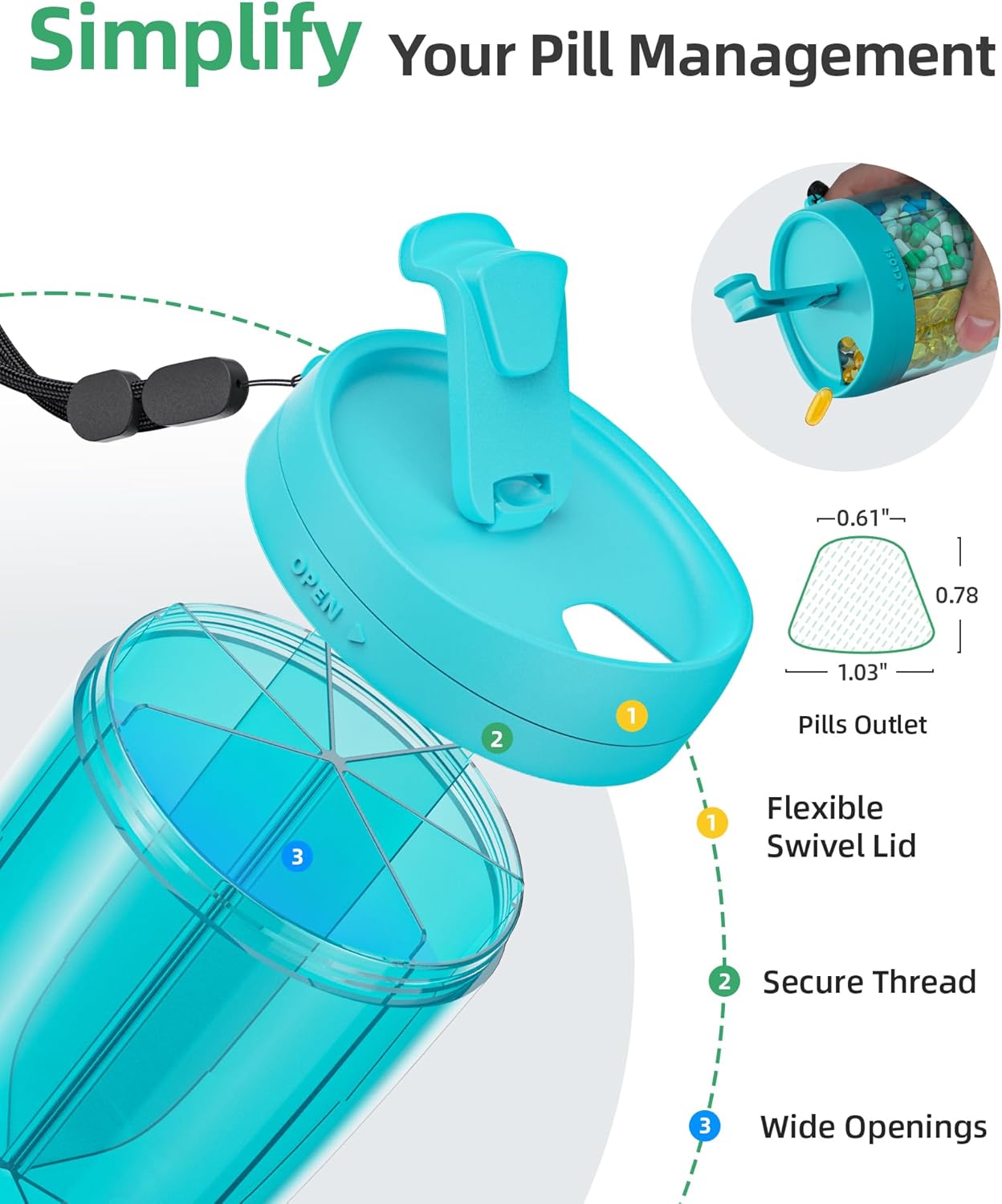 PULIV Large Pill Bottle Organizer, Supplement Organizer for Holding 6 Various Vitamins, Pill Box Case with Anti-Mixing & Wide Opening Design, Easy to Retrieve Meds and 20 Pcs Stick-on Labels, Blue