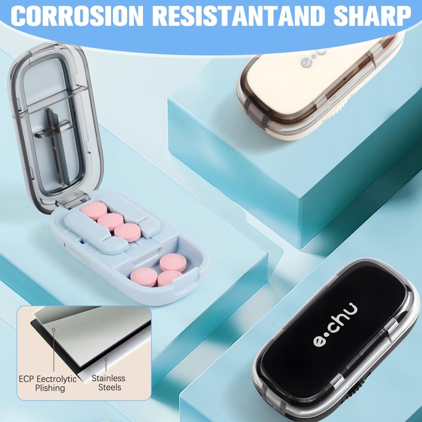 Pill Cutter Splitter for Small and Tiny Pills, Larger Pills, Echu Pill Cutter, Adjustable 1/2 1/4 Splitter with Improved Sharp Blade, Accurate Centering Alignment Device (White)