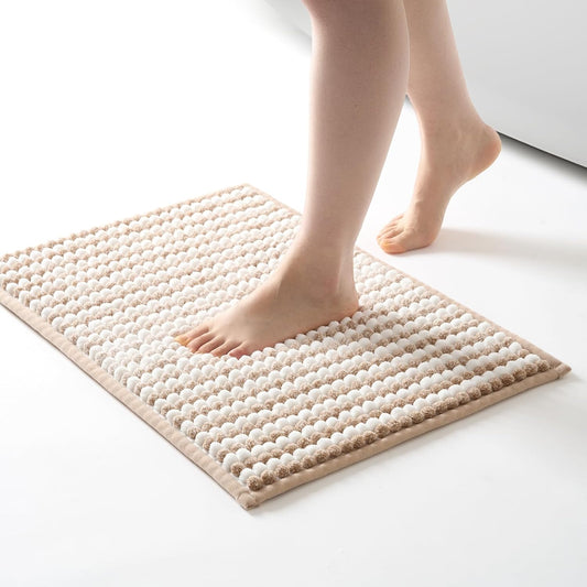 FRESHMINT Chunky Ombre Chenille Bathroom Rug 17"x24", Small Water Absorbent Soft Bath Rugs for Bathroom Floor, Thick Non Slip Bath Mat Washable Quick Dry Shower Mats, Beige and White