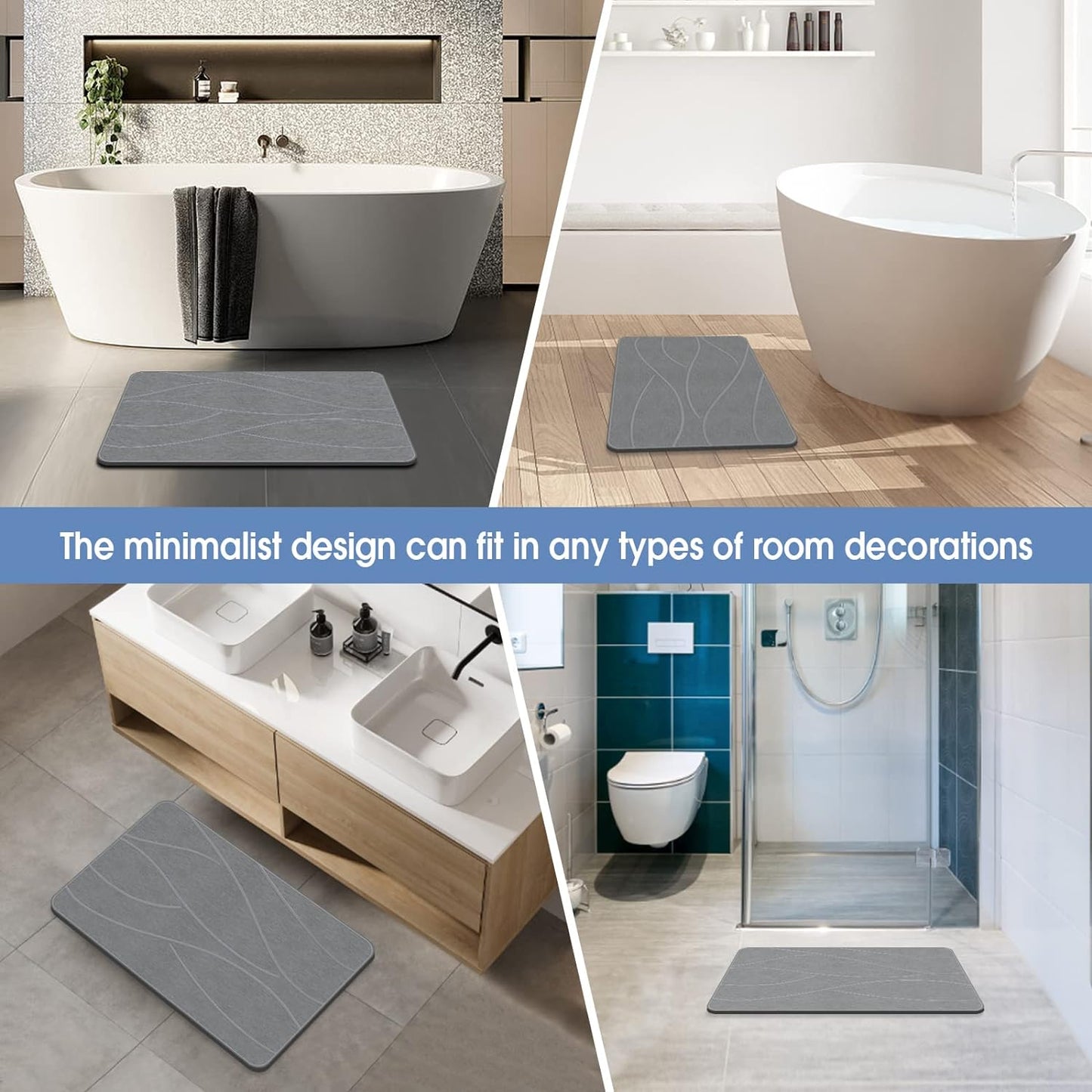 Stone Bath Mat Diatomaceous Earth Shower Mat Non-Slip Super Absorbent Diatomite Stone Bath Mats for Bathroom Floor Quick Drying Natural Easy to Clean(23.6''×15.4" Gray)