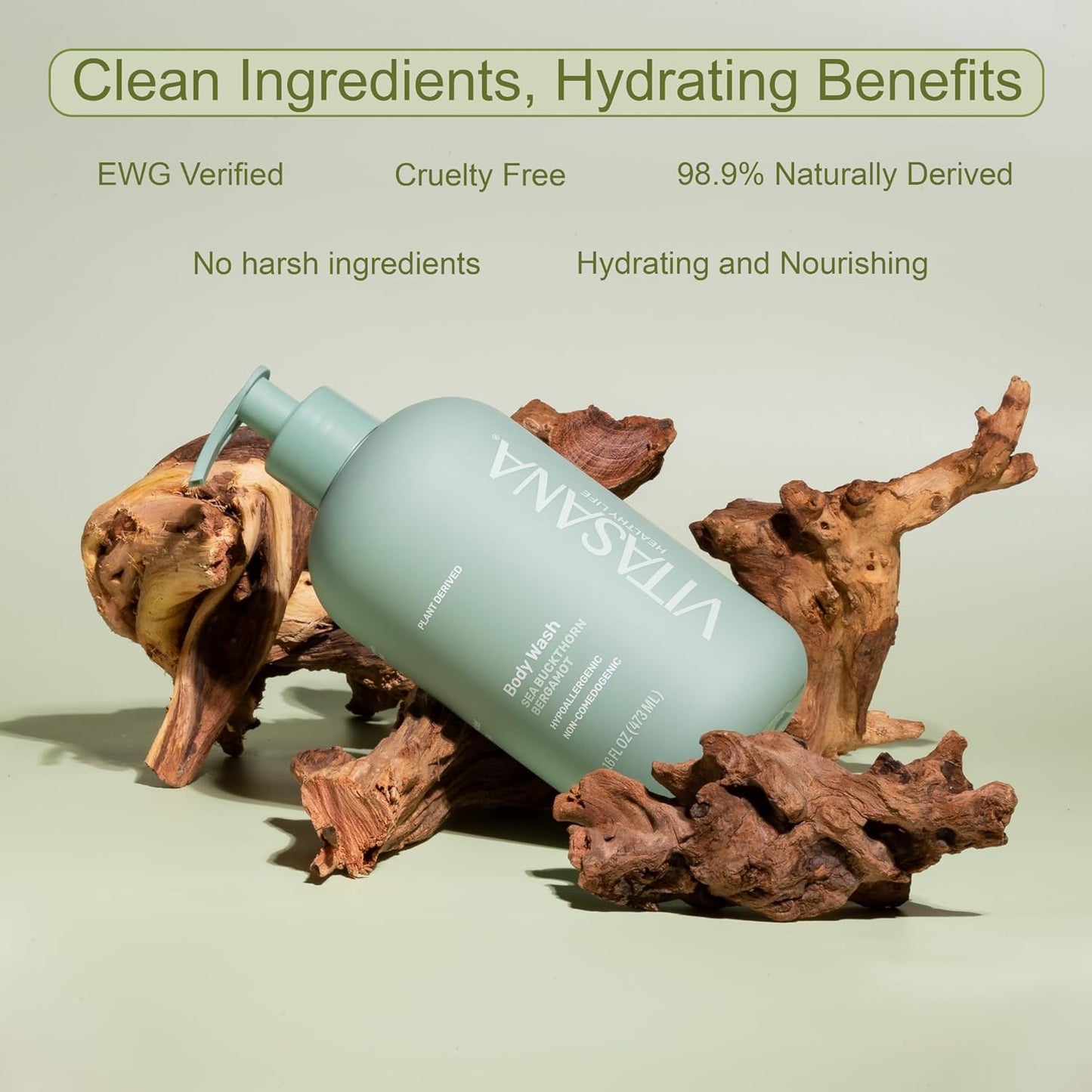 Natural Body Wash for Sensitive Skin, 16 oz – Sea Buckthorn & Bergamot Scent, 98.9% Plant‑Derived, EWG Verified, Hypoallergenic, Paraben‑Free, Sulfate‑Free, Cruelty‑Free