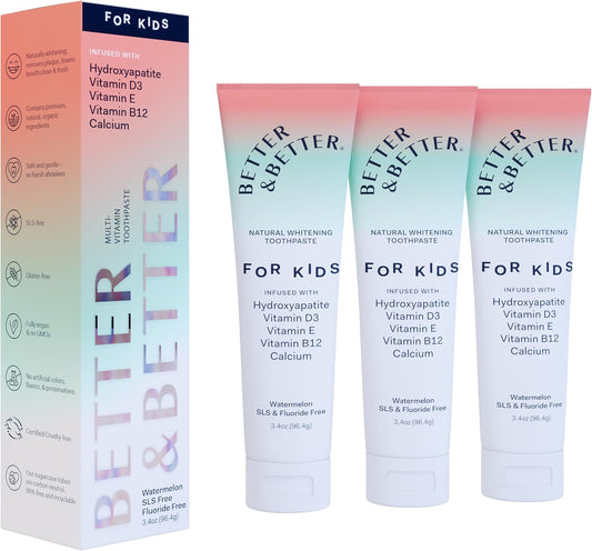 Better & Better Kids Toothpaste | Natural Hydroxyapatite Toothpaste Infused w/Calcium & Vitamins D, E, B12 | Fluoride & SLS Free for Sensitive Brushers | Watermelon Flavor | 3.4oz, 3 Pack
