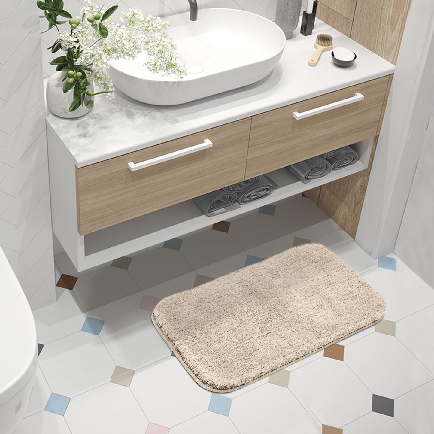 ROSMARUS Shaggy Bath Rugs for Bathroom Non Slip 17" X 24", Water Absorbent Bath Mat, Soft Shower Mat for Floor & Tub, Fluffy Plush Machine Washable, Beige