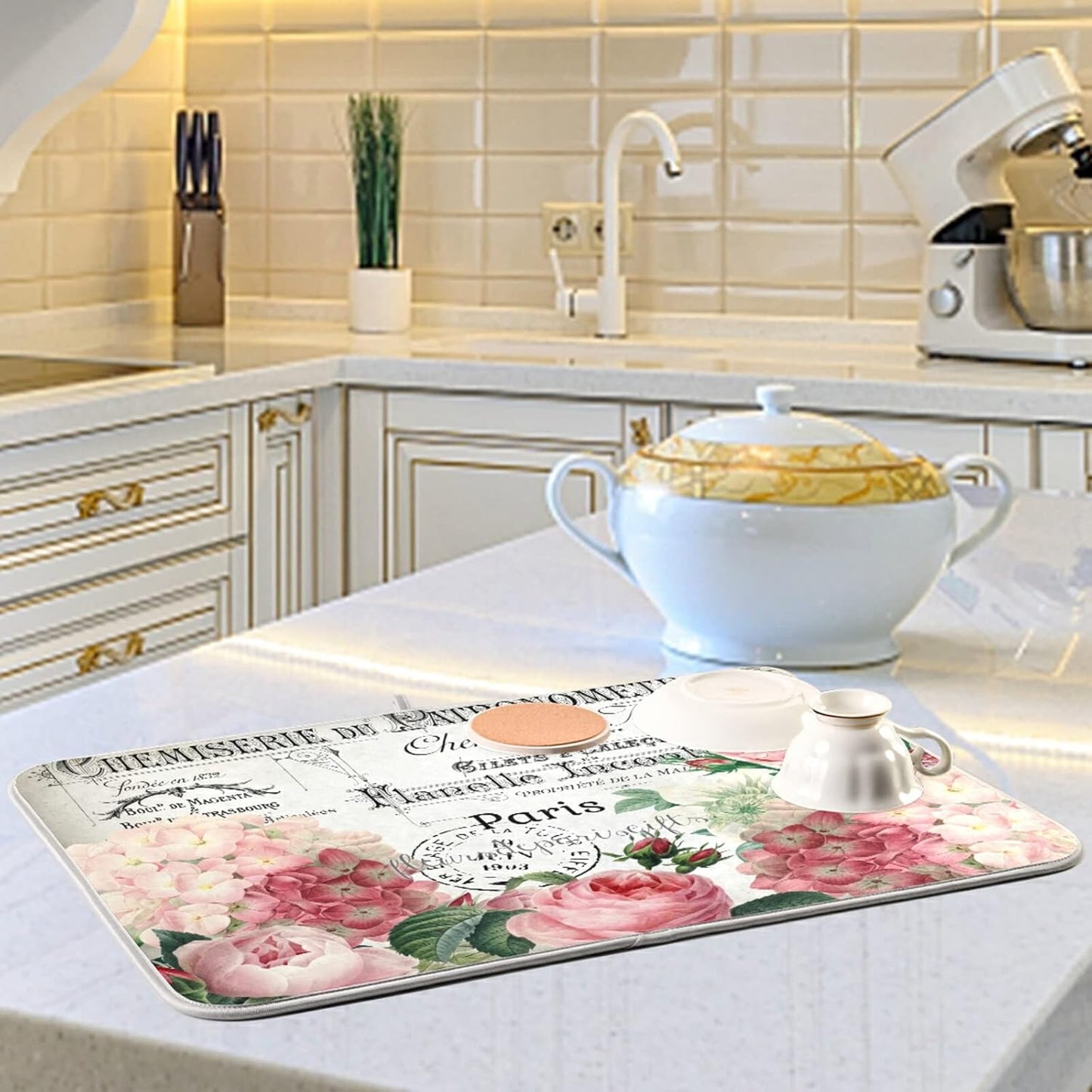 Vintage Pink Rose Flower Dish Drying Mats for Kitchen 18x24 inch Drying Mat Absorbent Microfiber Dish Mat Drainer Rack Mats Fast Dry for Kitchen Counter