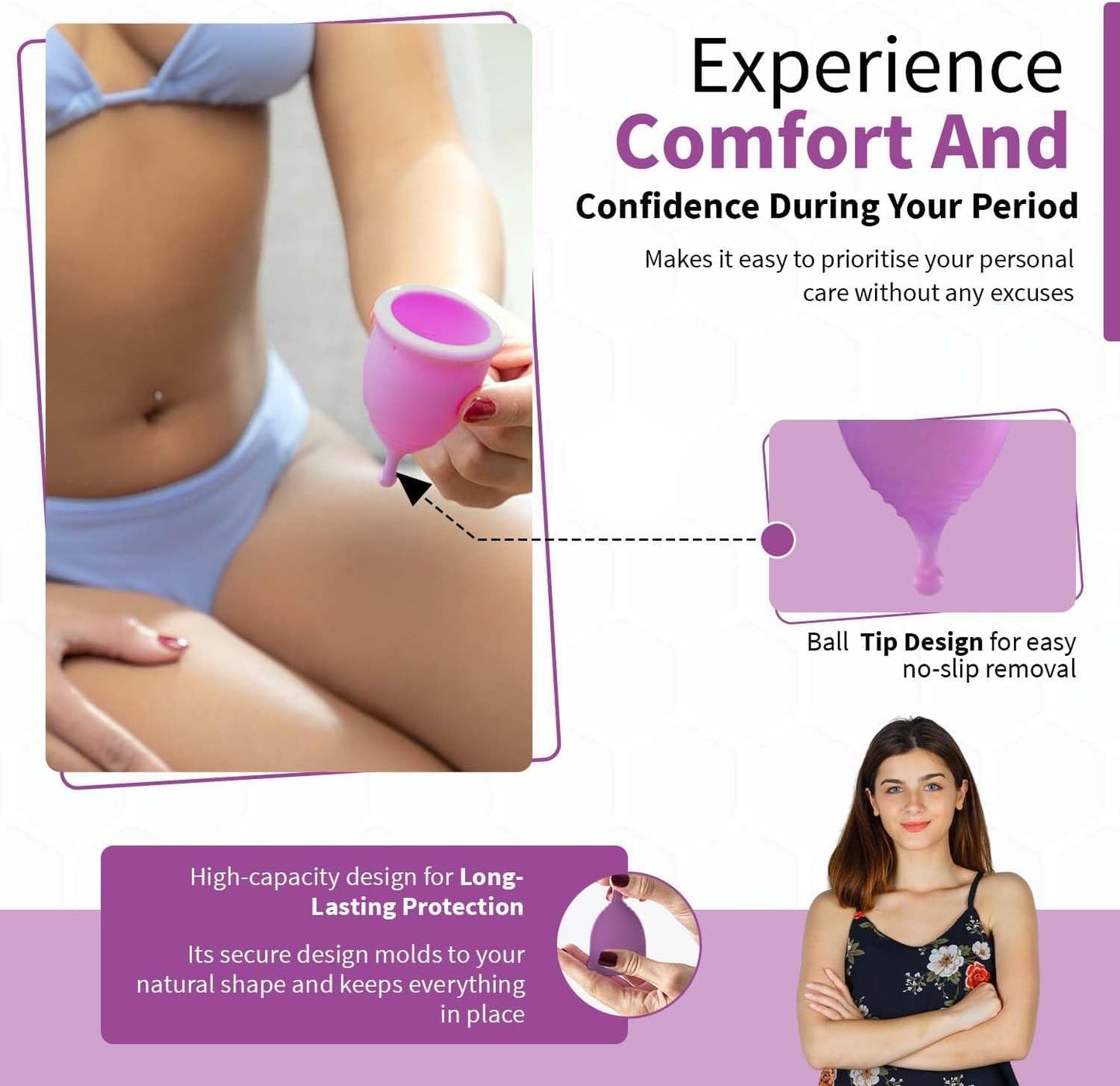 Angel's Peel Lounge Menstrual Cup for Women - 100% Medical-Grade Leak-Free Soft & Flexible Silicone Cup - 12 Hour Leak Protection Eco-Friendly & Reusable Period Cups for Women - Purple - Small