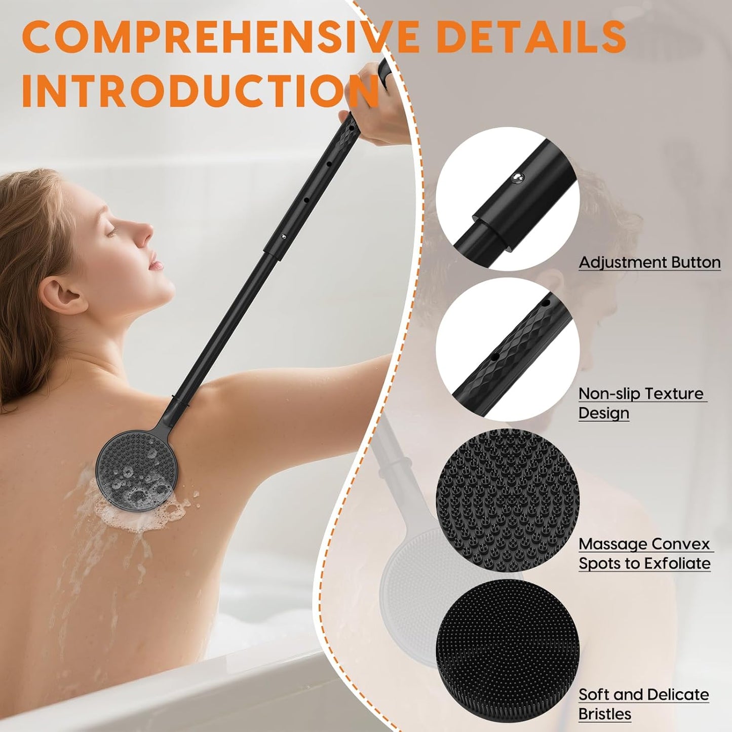 Silicone Back Scrubber for Shower, 24in Adjustable Handle Body Brush, Double Sided Shower Brush for Shower Exfoliating and Massage Can Produce Rich Foam, Long Handle Back Scrubber for Men （Circular）