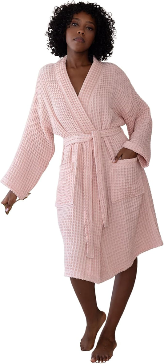 Womens Kimono Waffle Robe - Lightweight 100% Turkish Cotton Housecoat for All-Day Lounging - Bathrobe for Shower