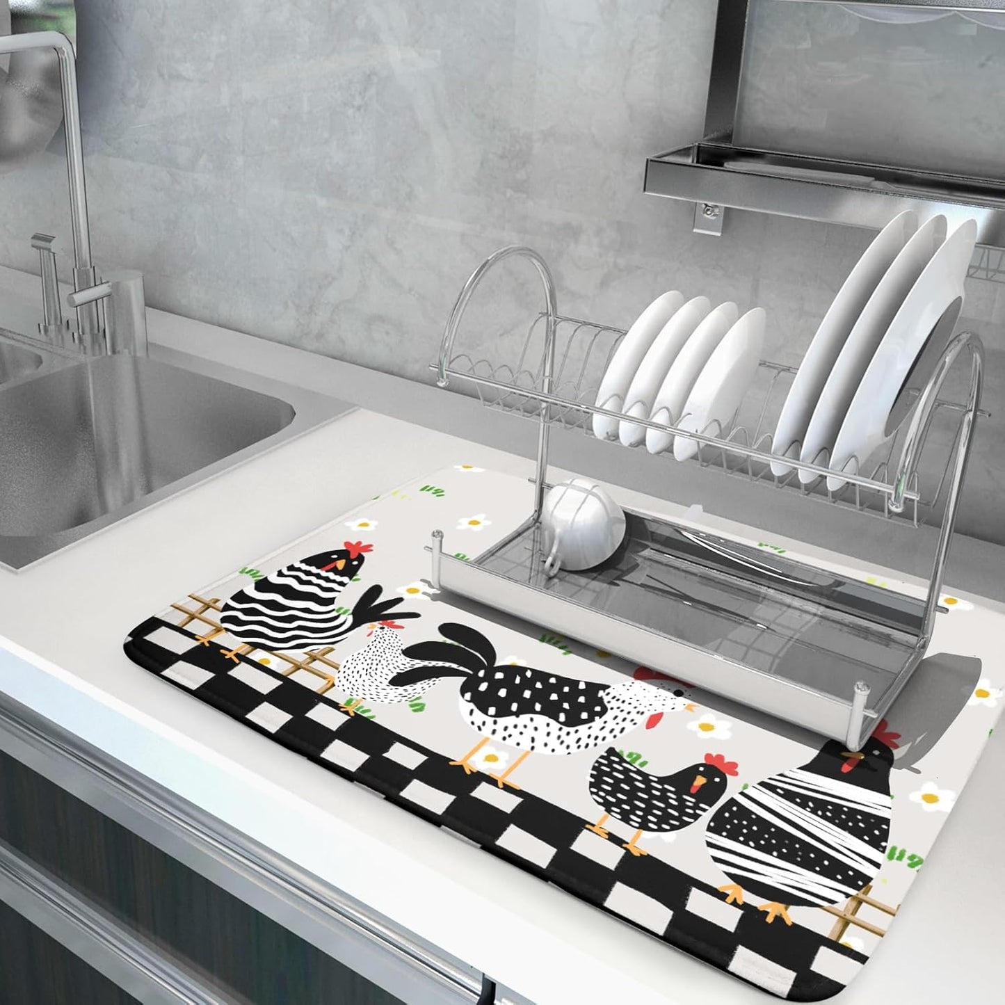 Black Rooster Dish Drying Mat for Countertop 18x24 Inches Buffalo Plaid Microfiber Drainer Rack Pads Fast Dry Dishes Mats Kitchen Accessories