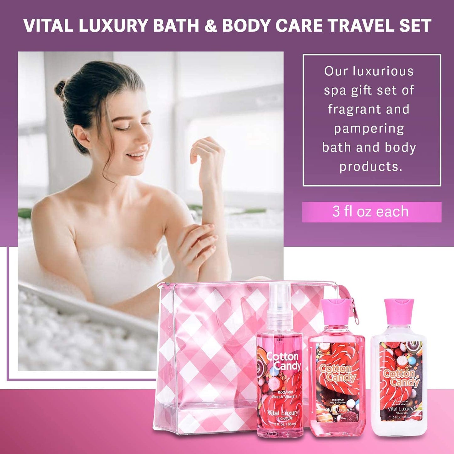 Bath and Body Gift Set - Cotton Candy Scented 3-Piece Travel Size Collection-3 Fl Oz , Shower Gel, Body Lotion, Body Mist, Compact & Lightweight, Ideal for Gifts, Travel, or Daily Skincare Routine