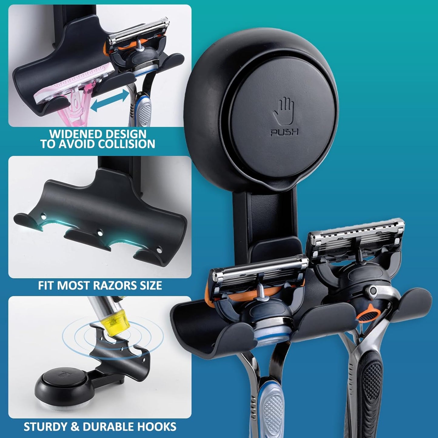 TAILI Suction Cup Razor Holder for Shower 2 Pack, Towel, Loofah, Shaver Holder for Shower Wall, Powerful Suction Cup Hooks for Inside Bathroom, Easy to Install and Reuse, Black