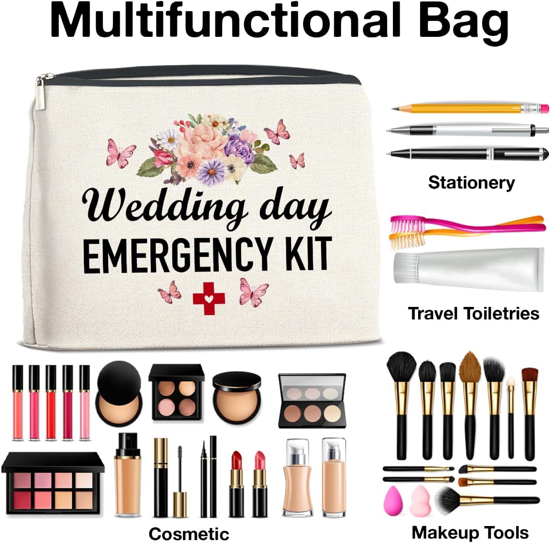 Wedding Makeup Bag Gifts for Bride Bridesmaids, Wedding Day Emergency Kit Floral Cosmetic Bag Zipper Makeup Pouch