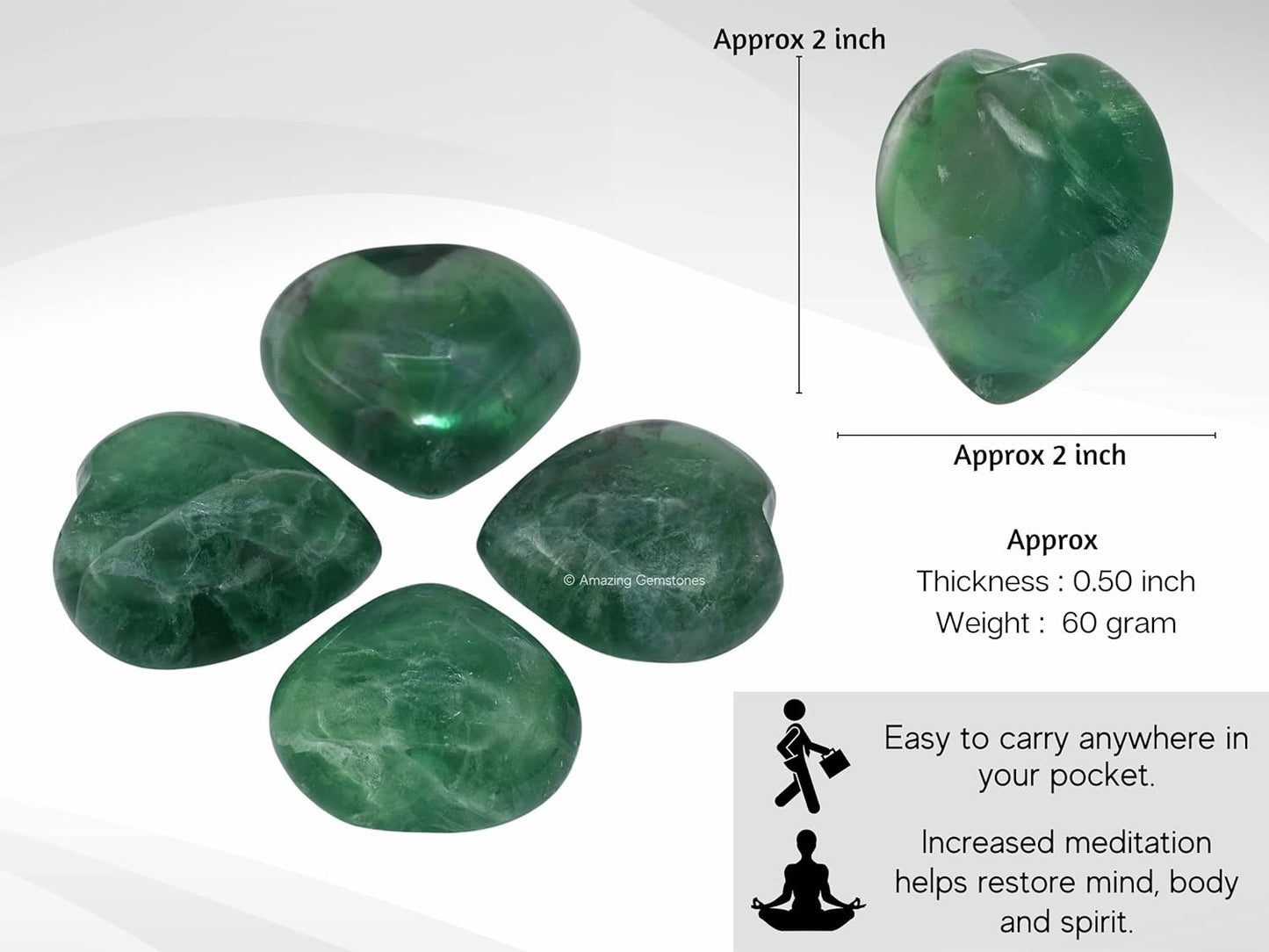 Amazing Gemstone Green Fluorite Crystal Heart Palm Stone - Pocket Massage Worry Stone for Natural Body Chakra Balancing, Reiki Healing and Crystal Grid