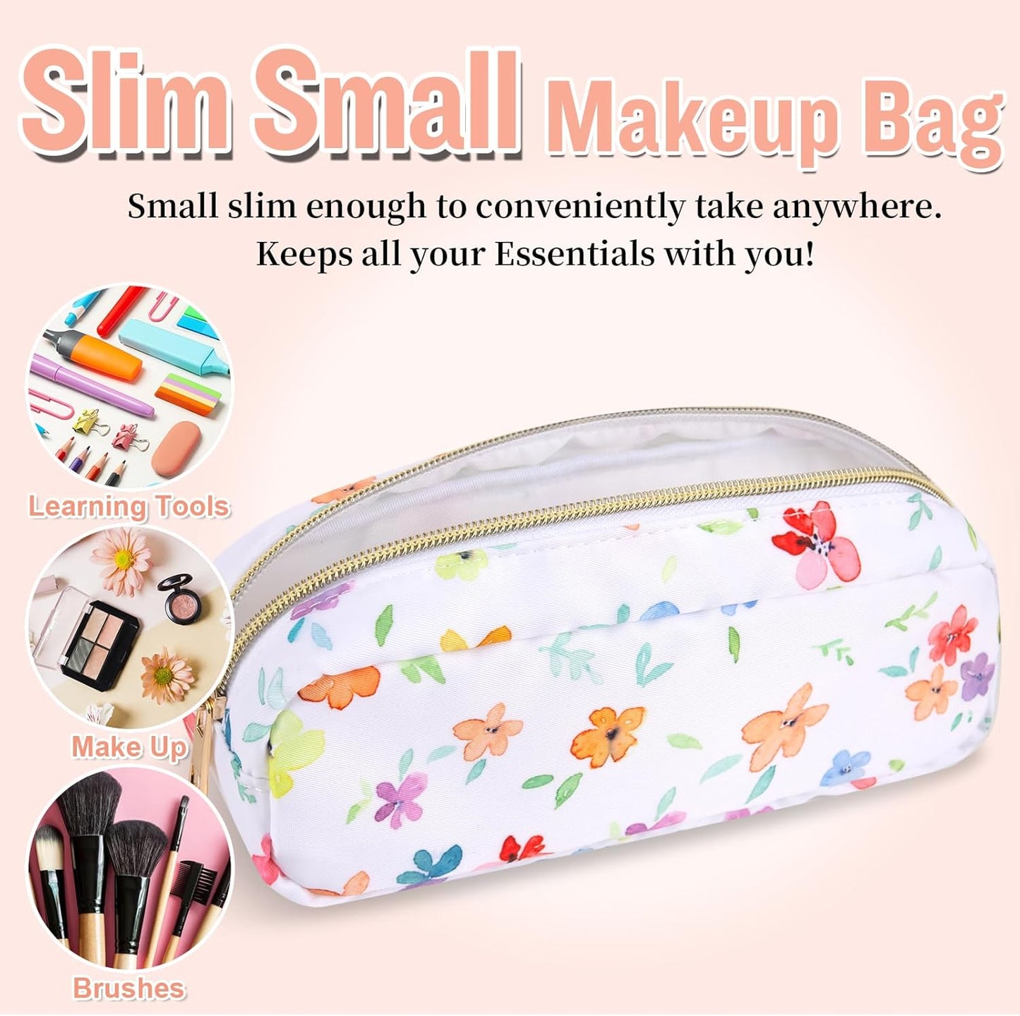 Nylon Small Floral Makeup Bag Slim Pouch, Preppy Cute Makeup Brush Case Bag Cosmetic Zipper Pouch for Purse, Waterproof Travel Toiletry Bag Coin Pouch Make Up Organizer for Women Girls(White-Flower)