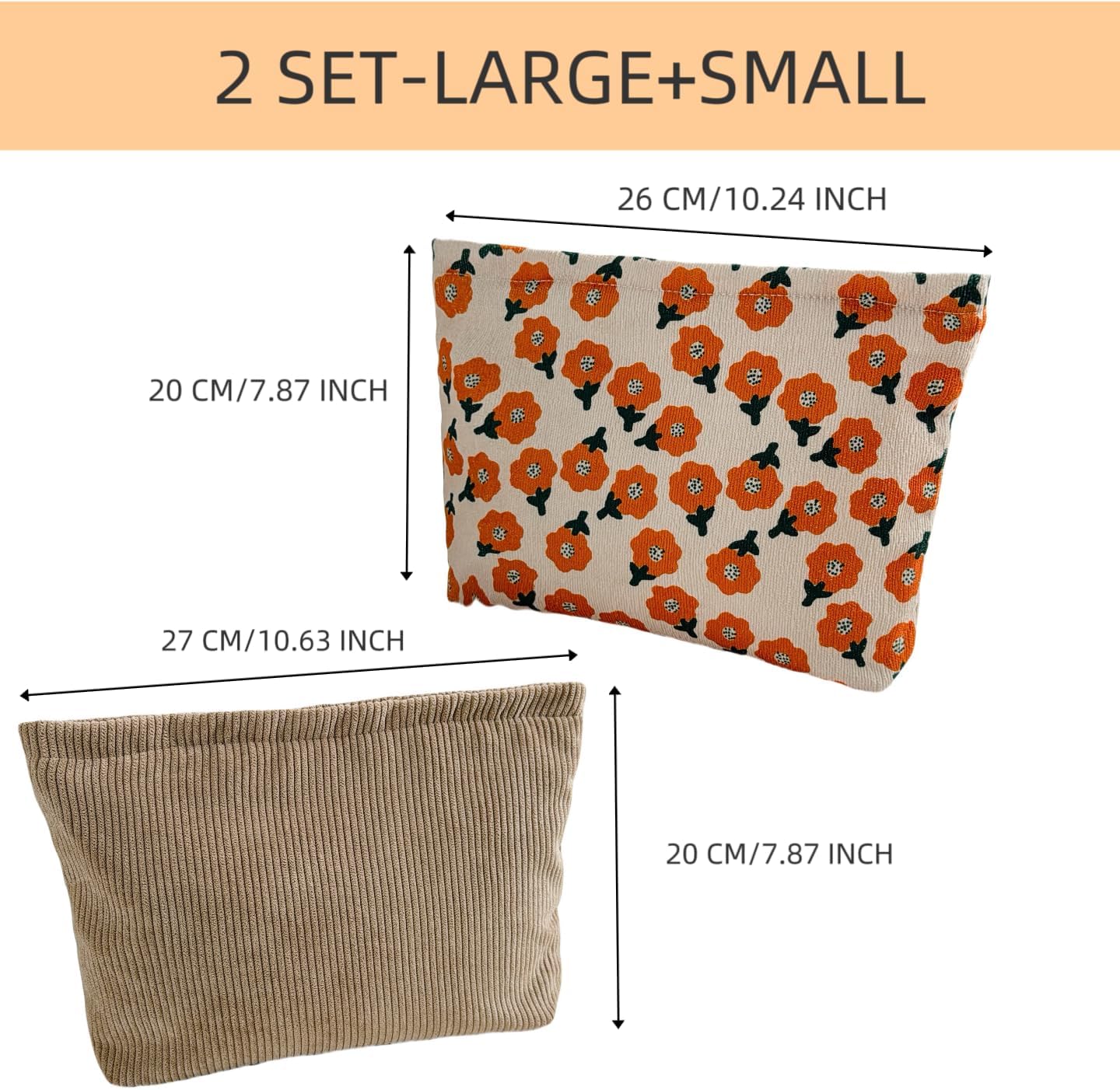 2 large makeup bags Women's Corduroy Canvas Makeup Bag, Travel Makeup Bag, Wallet Organizer, Khaki and Orange Flower Pattern