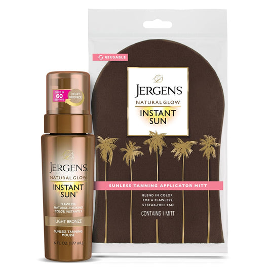 Jergens Natural Glow Instant Sun Self Tanner Mousse Bundle, Light Bronze, Sunless Tanning, 6 Oz Bottle and Application Mitt